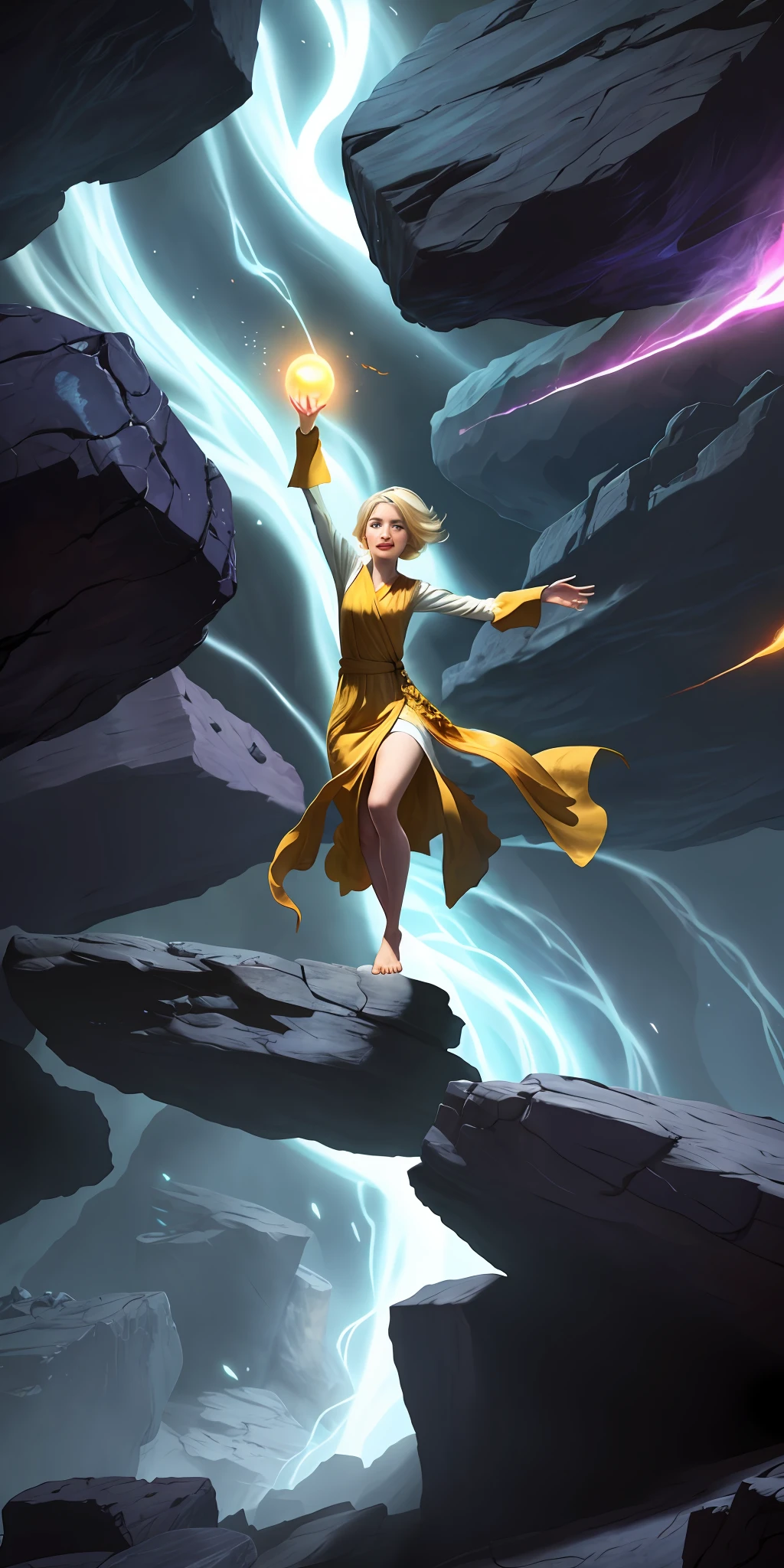 Female barefoot summoner levitated on blond robes and cloaked arms and held up across the shattered earth Bright lava light from below the asteroid field (jagged rocks, boulders and debris shot into the air: 1.3) Beautiful face (Gale Dust Debris Storm: 1.1) Volumetric fog ray tracing Z delivers strong light from below, (Masterpiece) (Best Quality) (detailed) (8K) (Cinematic Lighting) (Sharp Focus) (Complex)