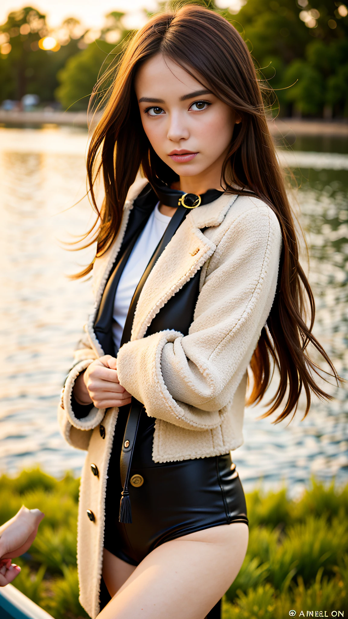 black coat, black fur fur coat, scarf,