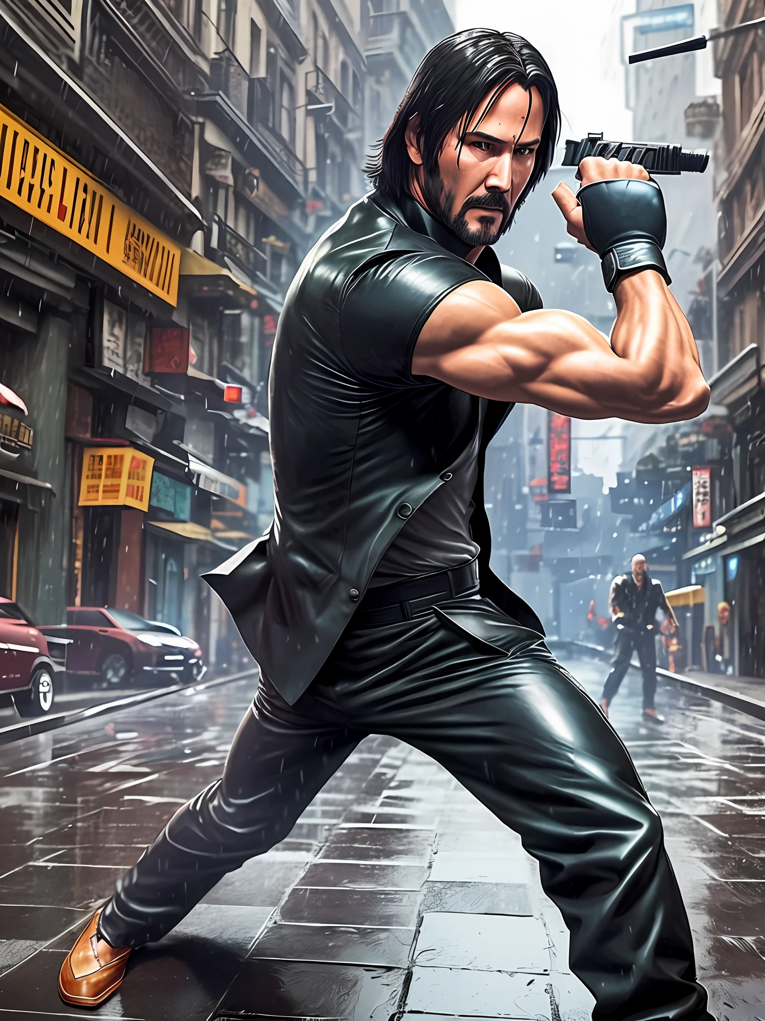 John wick in the fighting position, with hyperdetailed, you Bruce Lee in ultrarealistic photorealistic combat position in the street fighter scenario. Raining --auto --s2