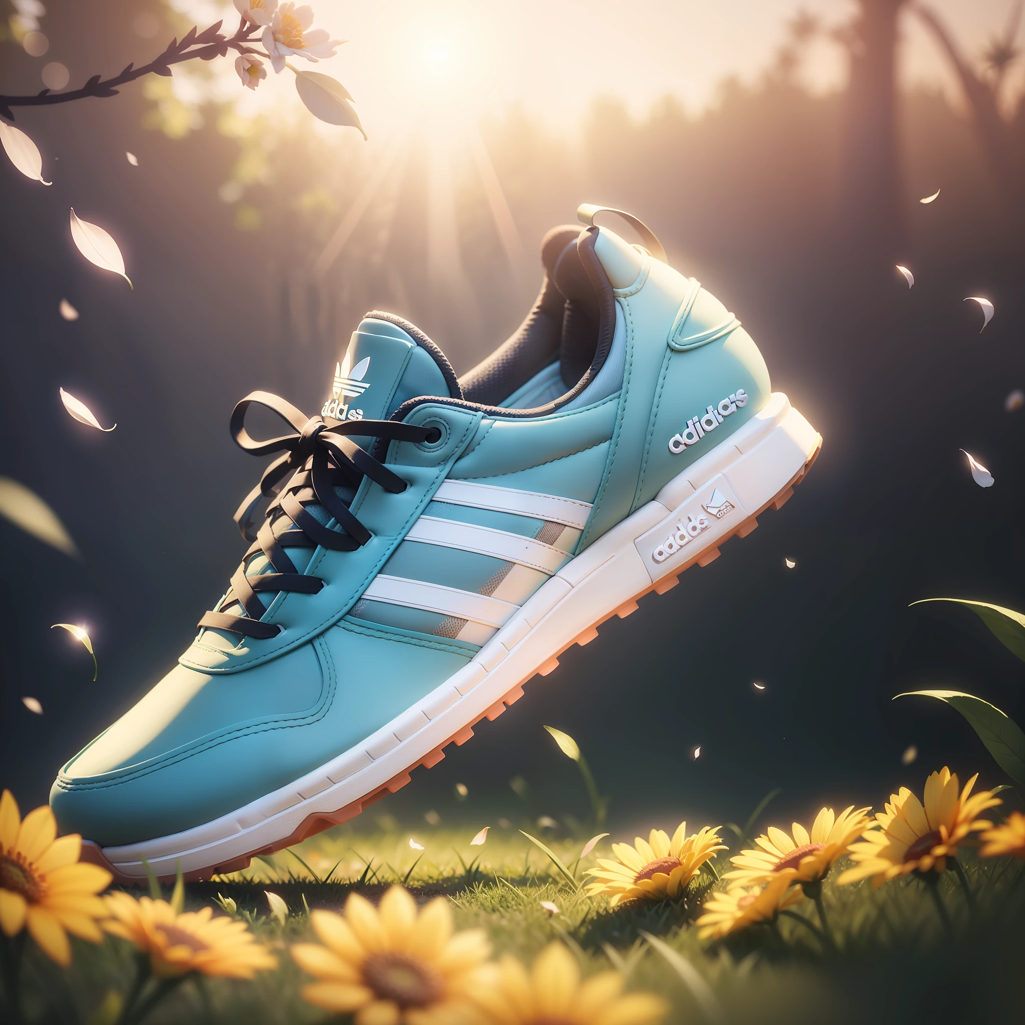 adidas sneakers, air, backlight, flowers, petals, outdoor, advertising, product shooting, tyndall effect, lens flare, shadow, bloom, backlight, depth of field, natural lighting, (best quality), HD, 32k, detail features