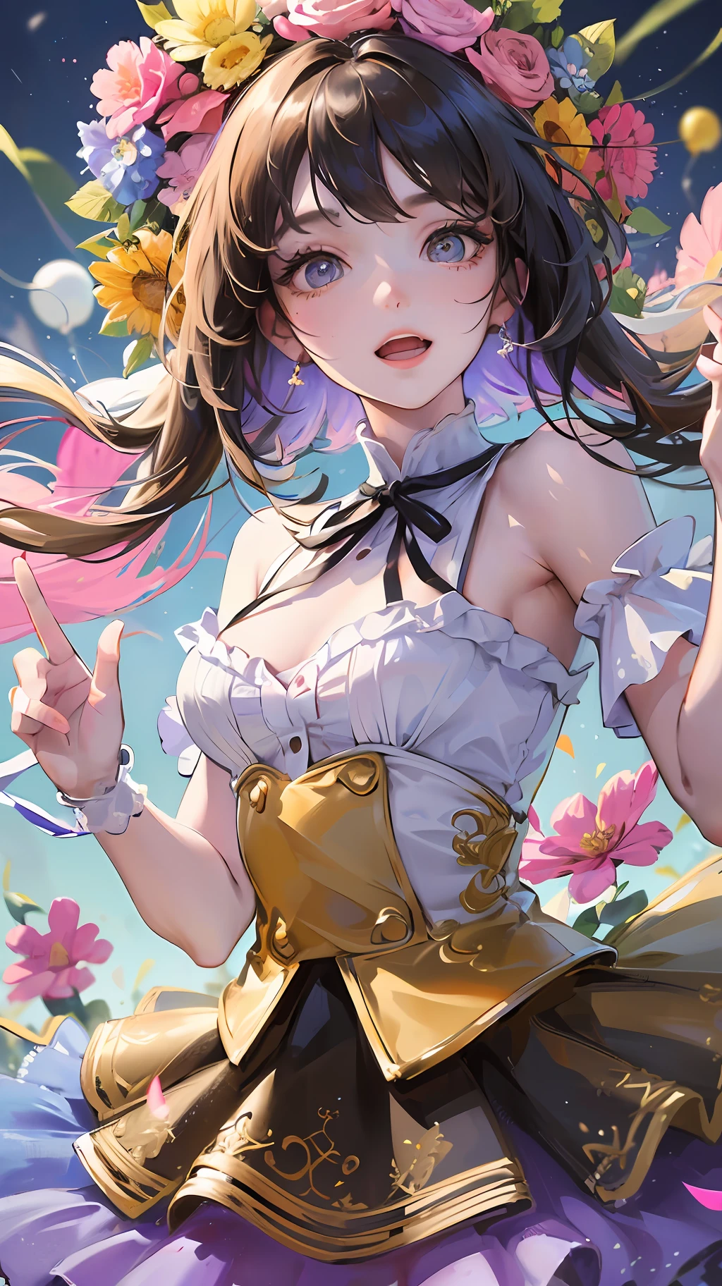 A girl holding flowers, colorful balloons floating in the sky, meadow, dancing, holding flowers, happy, happy, perfect quality, clear focus (clutter-home: 0.8), (masterpiece: 1.2) (Realistic: 1.2) (Bokeh) (Best quality) (Detailed skin: 1.3) (Intricate details) (8K) (Detail Eyes) (Sharp Focus), (Happy) --auto --s2