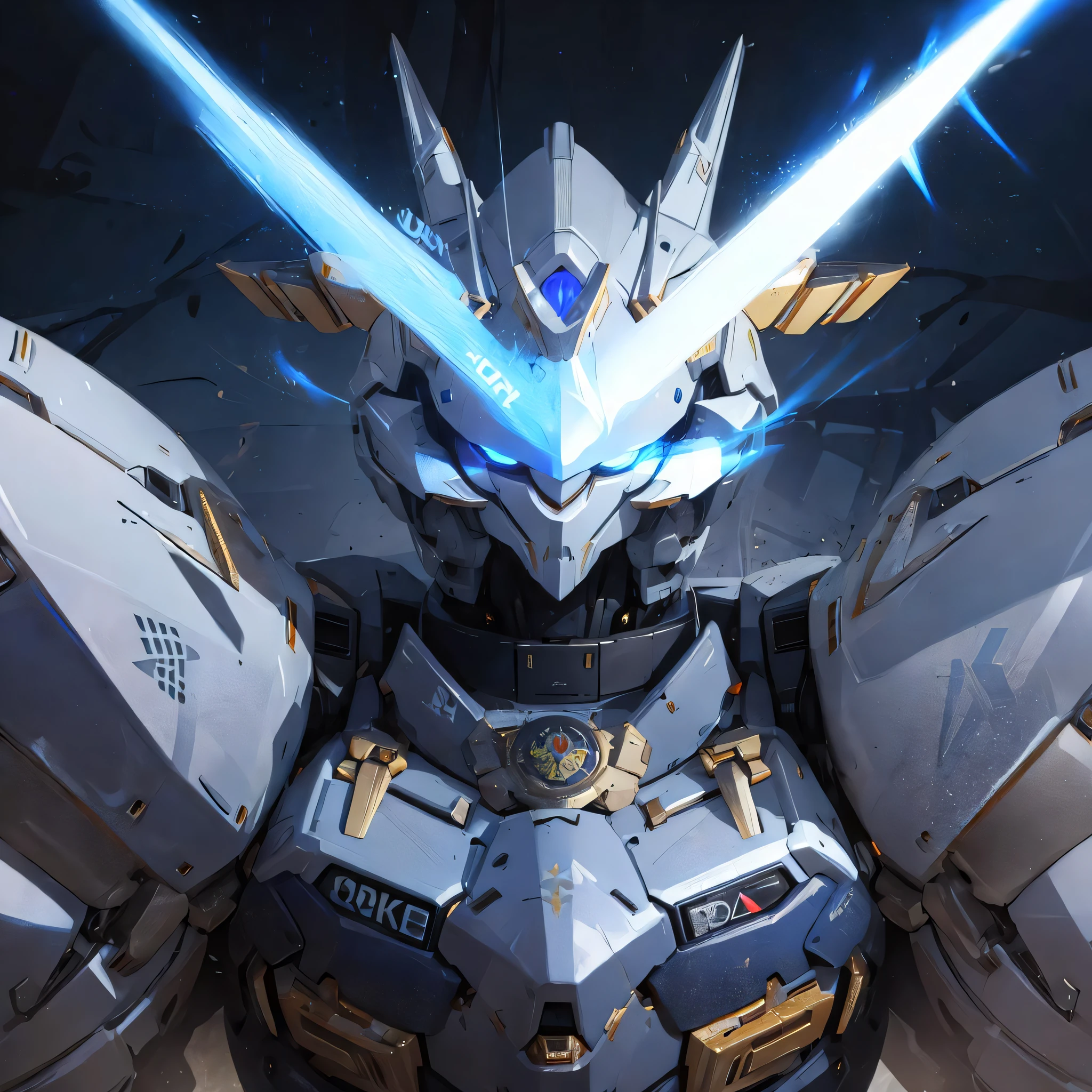 a robot, best quality, highly detailed, ultra-detailed, masterpiece, 8k wallpaper, blue eyes, bad anatomy, absurdres, highres, super fine illustration, absurdres, solo, game cg, lord,at night, (blacklight:1), (detailed beautiful face and eyes:1), command spell,mecha musume,mechanical parts, robot joints, headgear,full armor, silver theme,glowing eyes, mecha,huge body,upper body, city