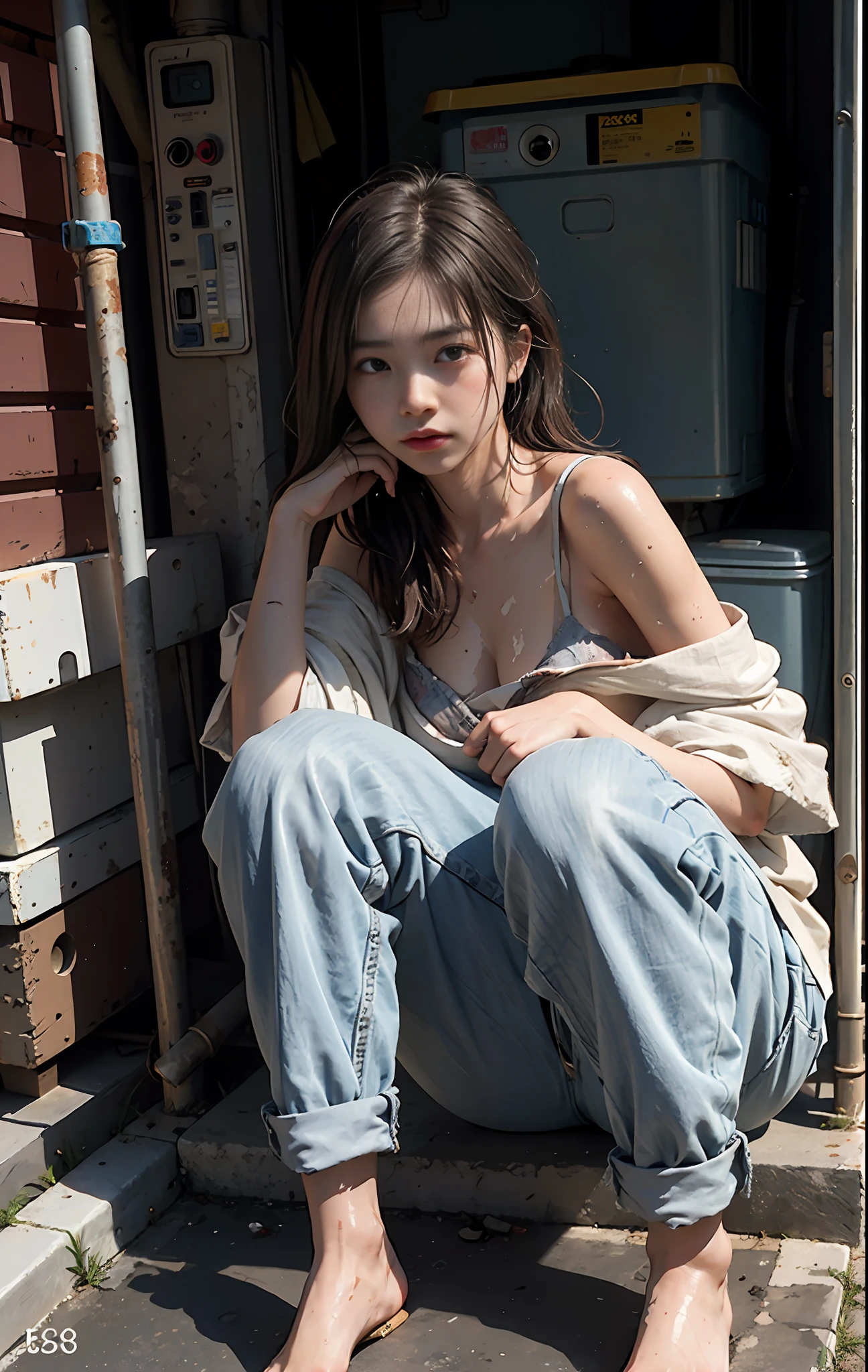 (8k, RAW photo, best quality, masterpiece, : 1.2), (realistic, photorealistic: 1.37), 17-year-old Japan girl with sad face of homeless, sad expression of despair, sitting and depressed, poor, dirty alley littered with garbage, trash cans, garbage dump, pouring rain, torn and dirty tattered dirty clothes, collarbone, no bra, torn micropants, wet clothes, dirty hair, dirty face, dirty skin, wet skin, muddy skin, muddy feet, only one foot barefoot, small breasts, unkempt hair, tan, close-up, from below, highest quality, ultra-high resolution, physically based rendering, cinematic lighting, complex and cinematic look, night, streetlamp light, dirty alley background, photorealism, cowboy shot, dynamic angle