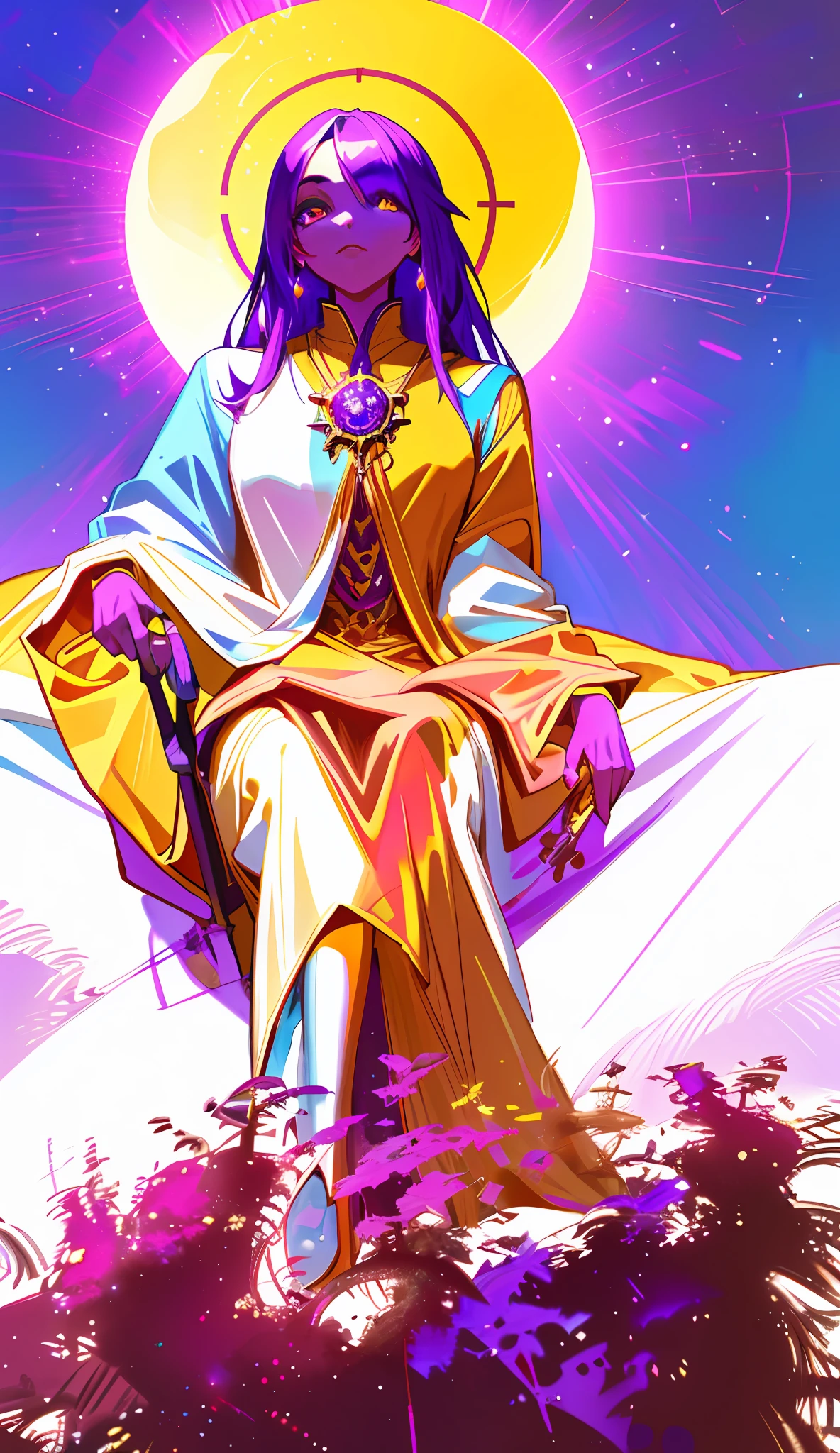 1girl, colorful eyes, Beautiful witch, sitting on a throne, purple energy, golden robe,blue dragon, on an alien planet, trending on artstation, masterpiece
