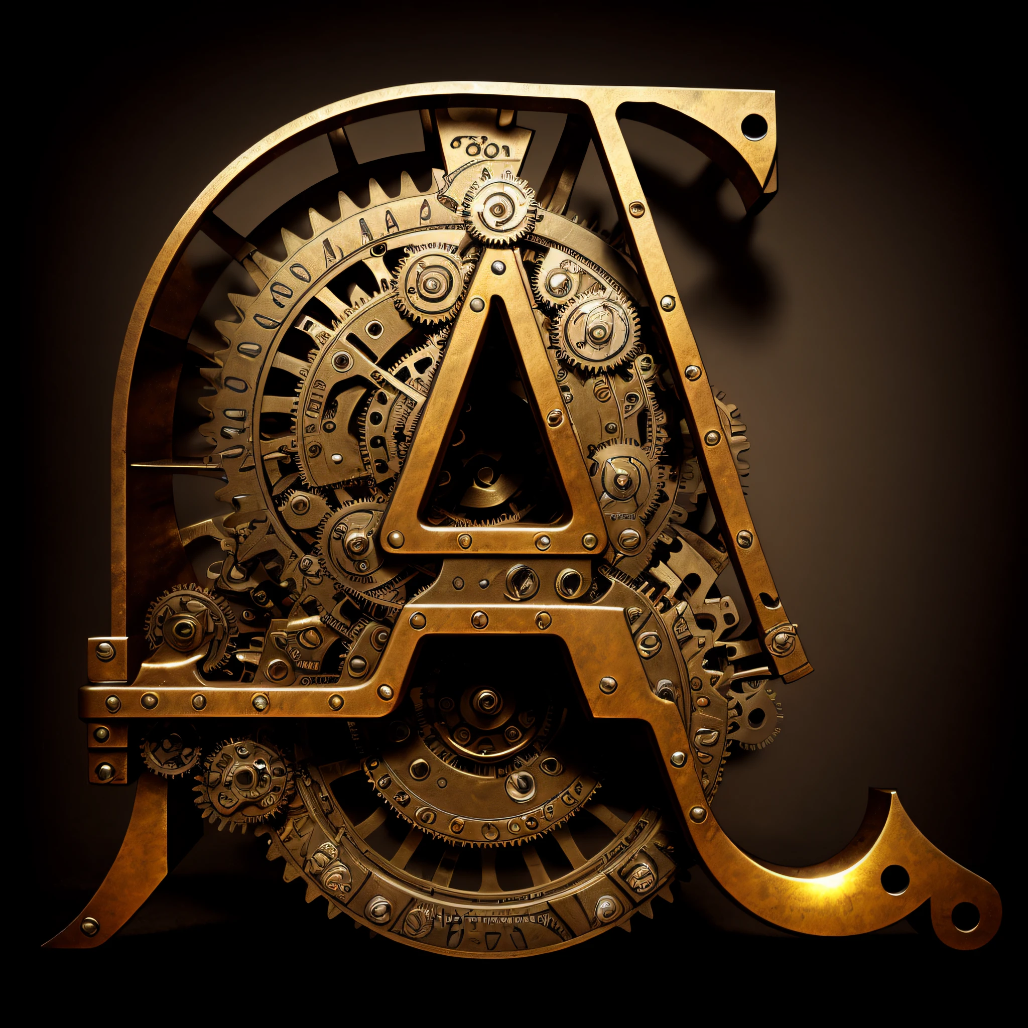 a close up of a metal letter with gears and chains, steampunk art, the letter a, letter a, high quality steampunk art, steampunk acessoires, digital steampunk art, steampunk! fiction, steampunk fiction, steampunk digital art, steampunk machinery, (steampunk), ( steampunk ), steampunk, detailed steampunk illustration, steampunk design, steampunk tech, 3d rendered steampunk
