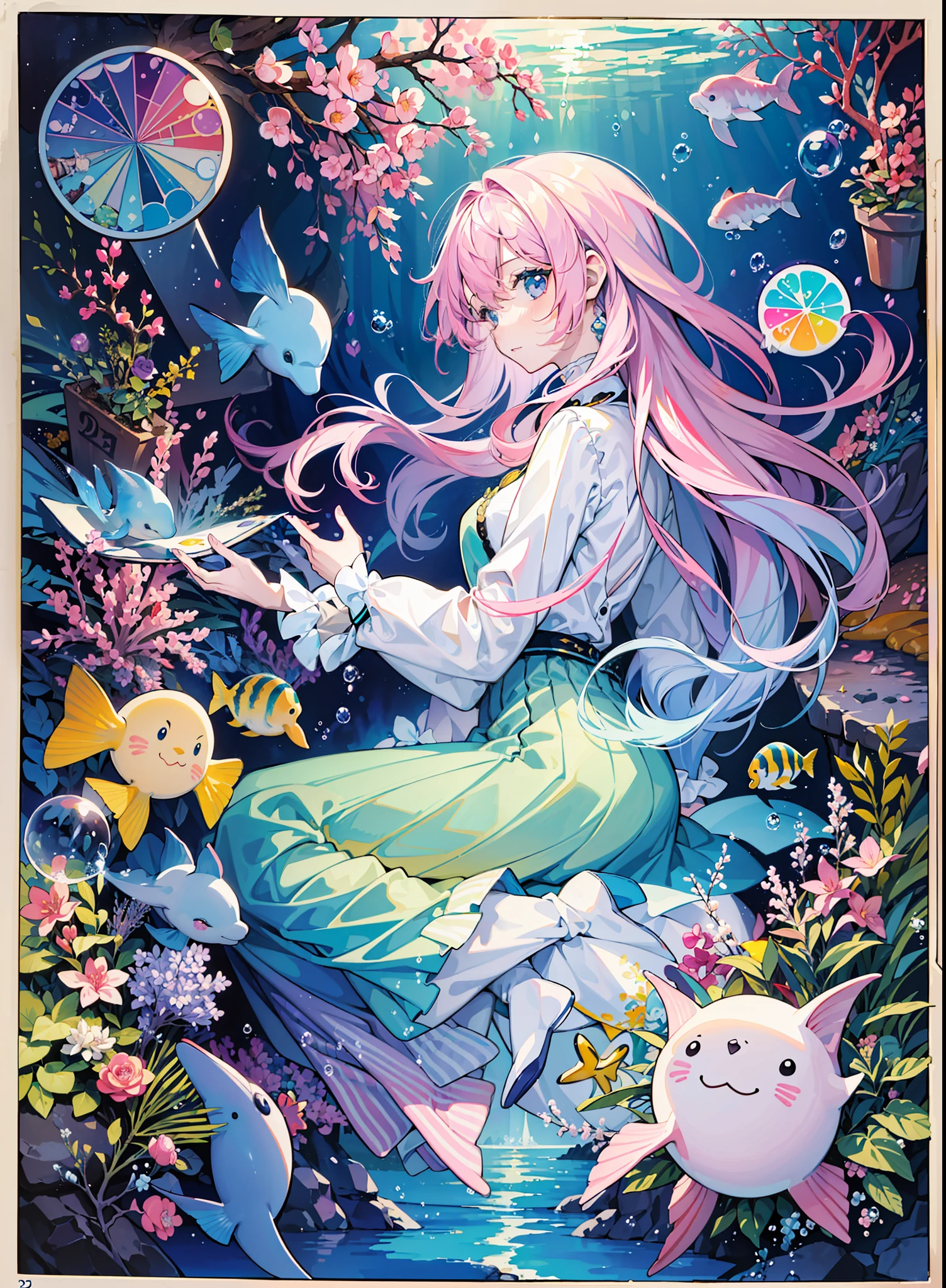 (masterpiece, top quality, best quality, official art, beautiful and aesthetic,1girl,:1.5), (best softness:1.2),(pastel color:1.4),(cute illustration:1.5),(watercolor:1.2),( character sheet:1.4), (concept art:1.3),(1 girl: 1.3), (fractal art: 1.3), viewer watching, pattern, (iridescent hair, colorful hair, half light purple and half pink hair: 1.2), undersea, fish, dolphin, bubbles, water, colorful, seabed,