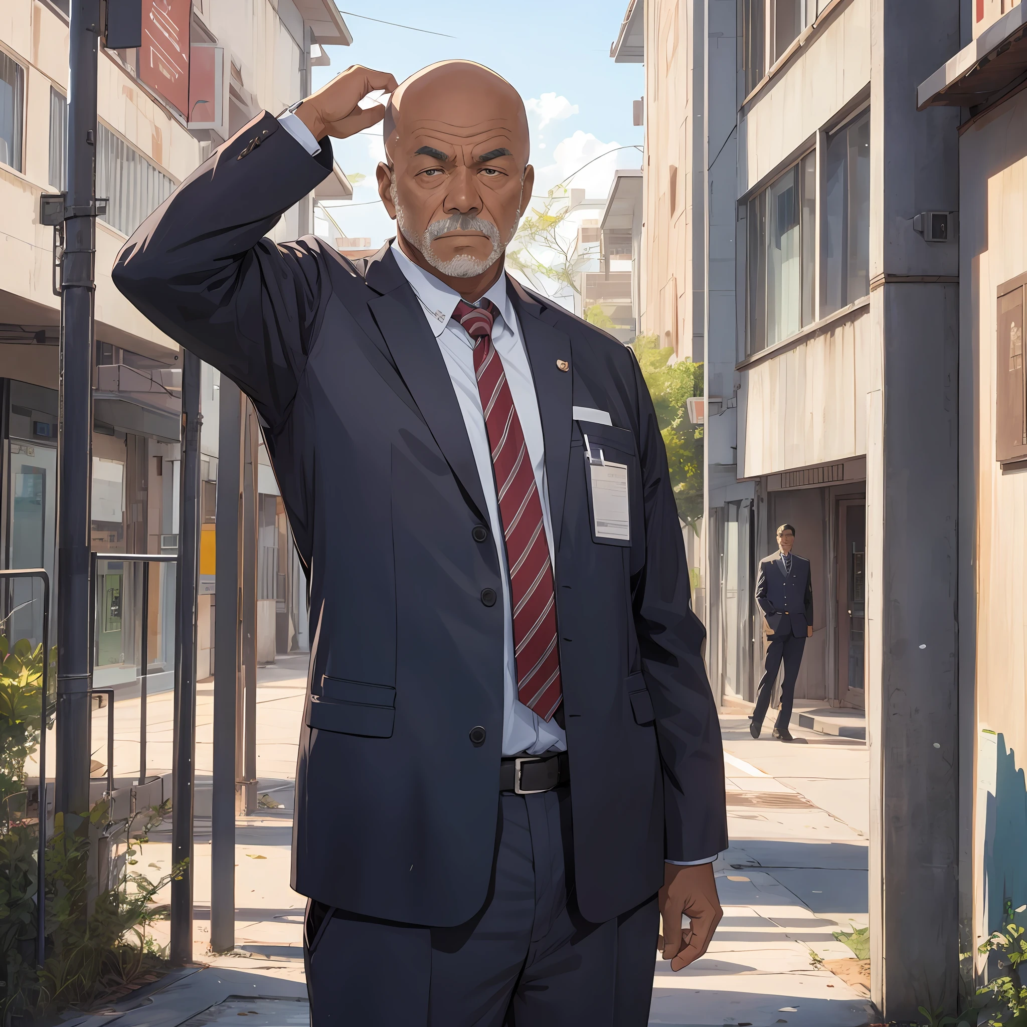 Uncle security guard, serious expression, background is the campus