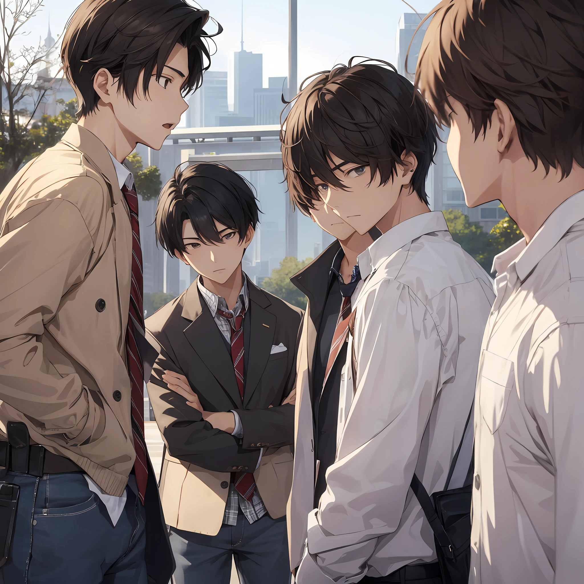 Several high school boys, talking, arrogant expressions, park, close-up in the background