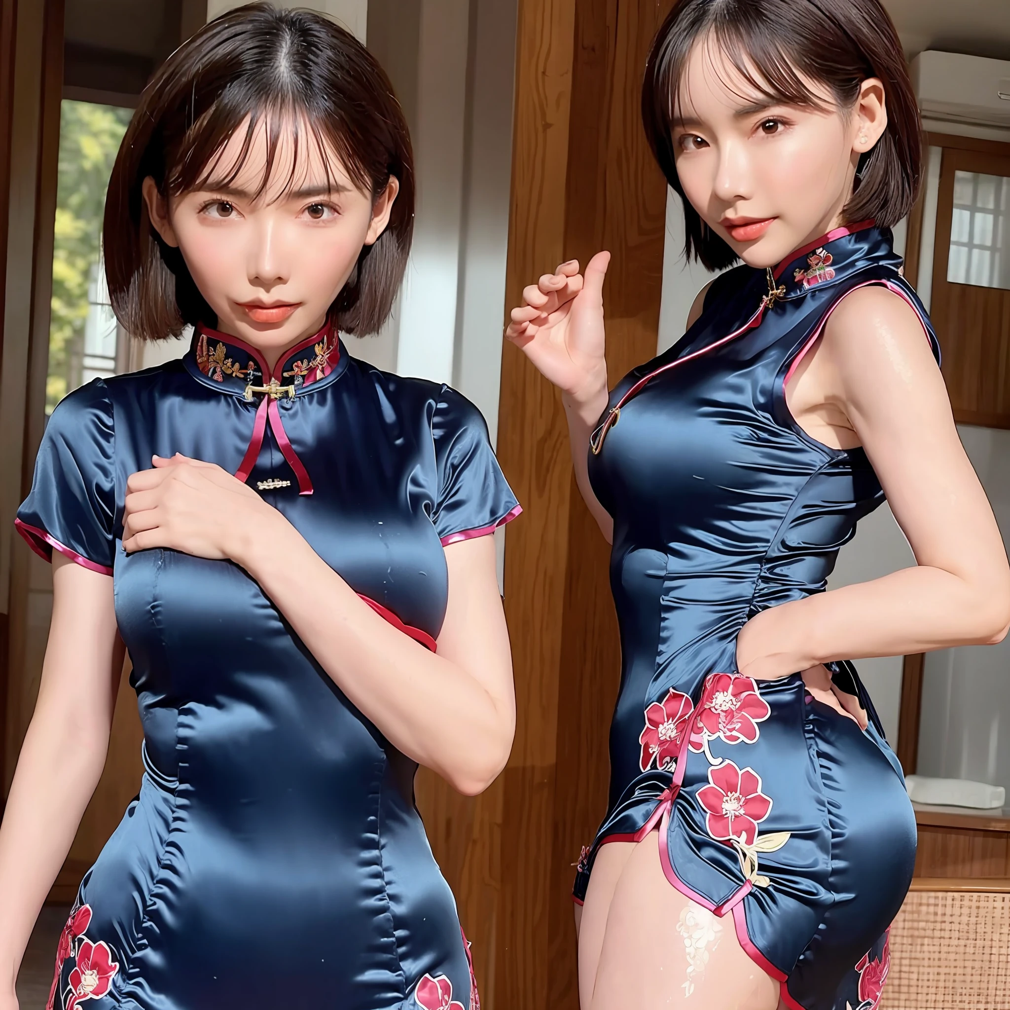 Best quality, best image quality, highest resolution, super detail, china clothes, short sleeve cheongsam, cheongsam material is satin, shiny and soft and smooth to the touch, tight cheongsam, no underwear is worn, Chest is C cup, full body shooting so that the face can also enter, the subject is alone, taken outdoors, soaking wet, sweaty,