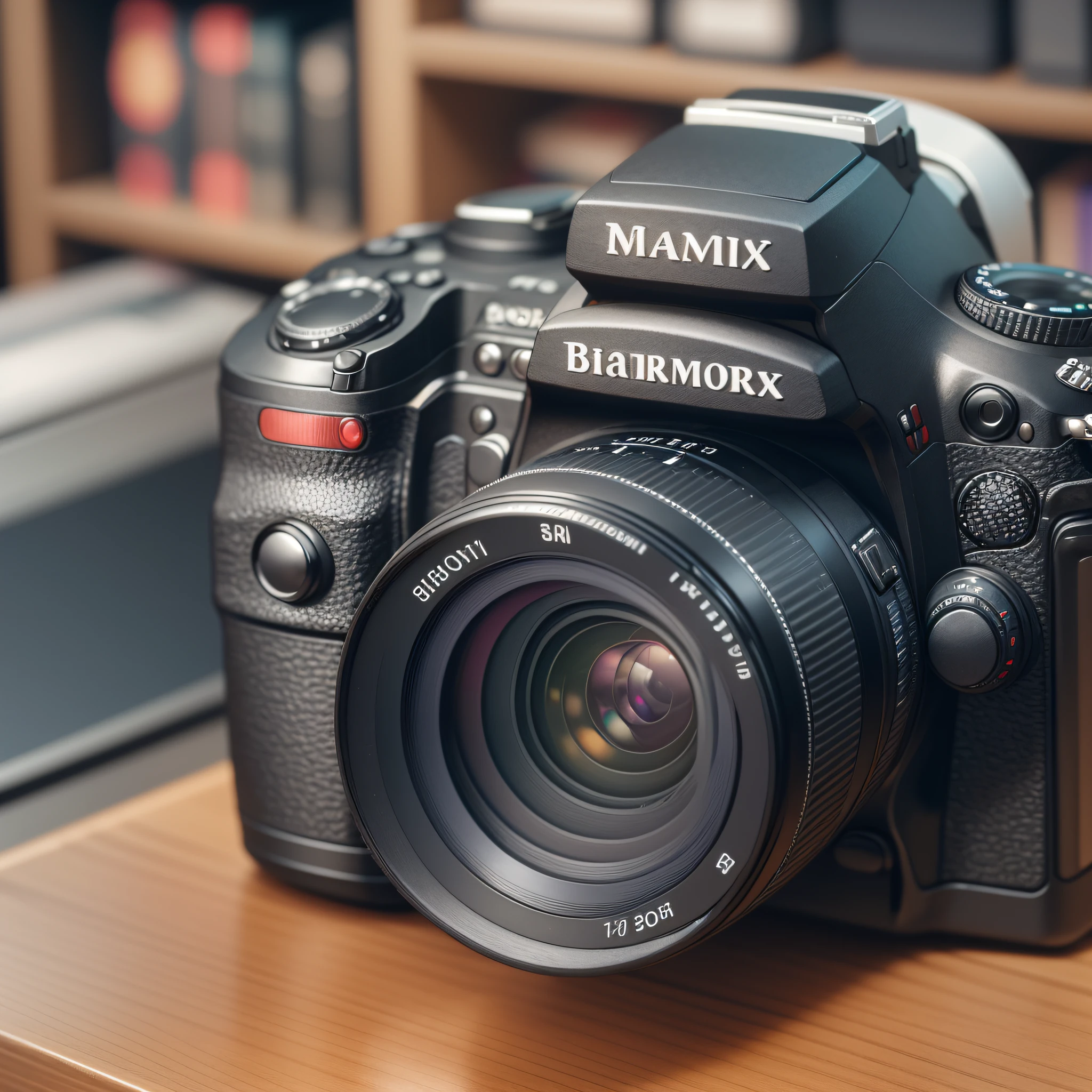 There's a camera sitting at a desk with a bookshelf in the background. A closeup of a camera with a lens on a table, Professional photography. 8K Product Photography, High Quality DSLR Photo, High Quality DSLR Photography. --AR 7:4 --auto --s2