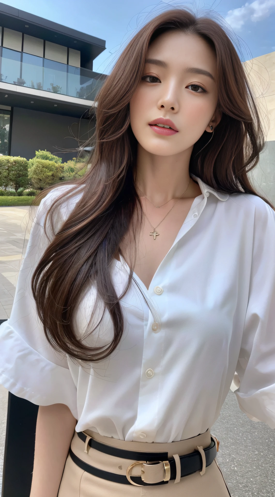 (Best quality, High resolution, Masterpiece :1.3), A tall and pretty woman, Slender abs, Dark brown hair styled in loose waves, Breasts, Wearing pendant, White button up shirt, Belt, Black skirt, (Modern architecture in background), Details exquisitely rendered in the face and skin texture, Detailed eyes, Double eyelid