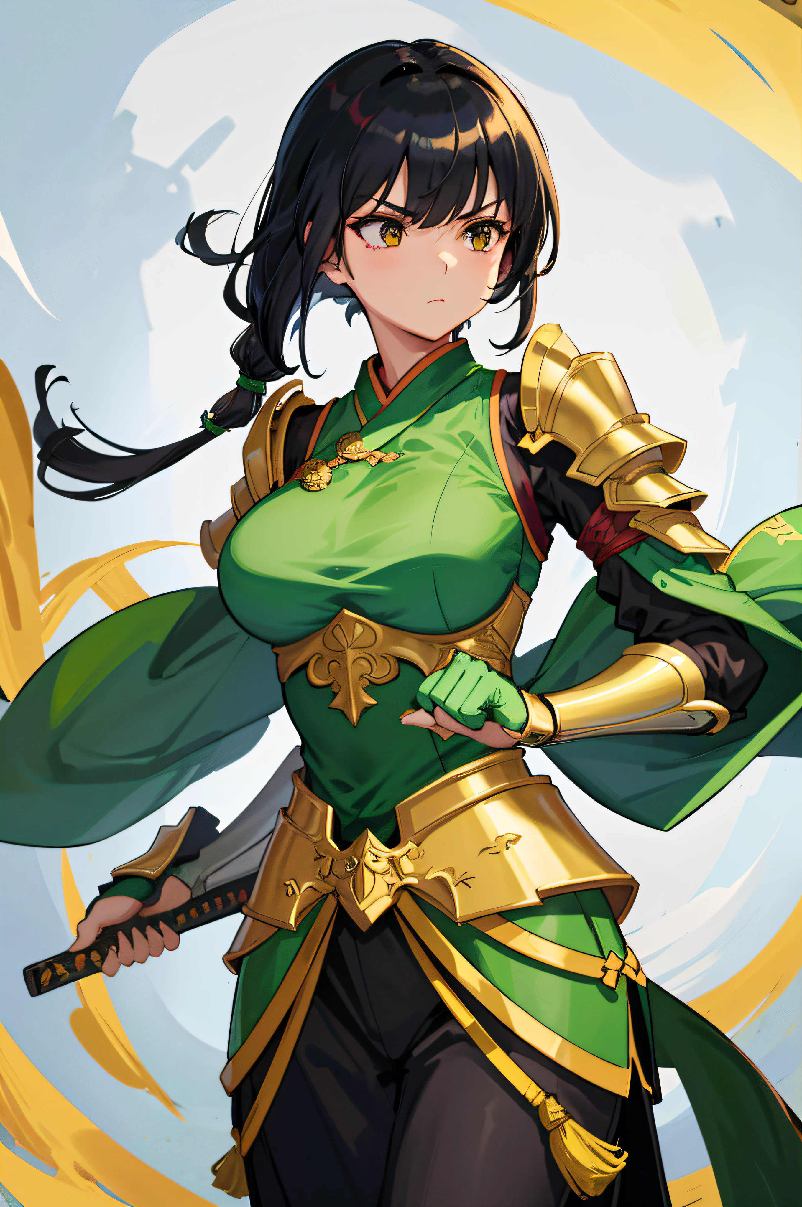 A girl, wearing a green Hanfu, fighting posture, holding a large knife in both hands, armor on the left shoulder, golden armor, dragon head and shoulder armor, long black hair, sharp eyes, big breasts, exquisite picture quality, 4K, 8K,