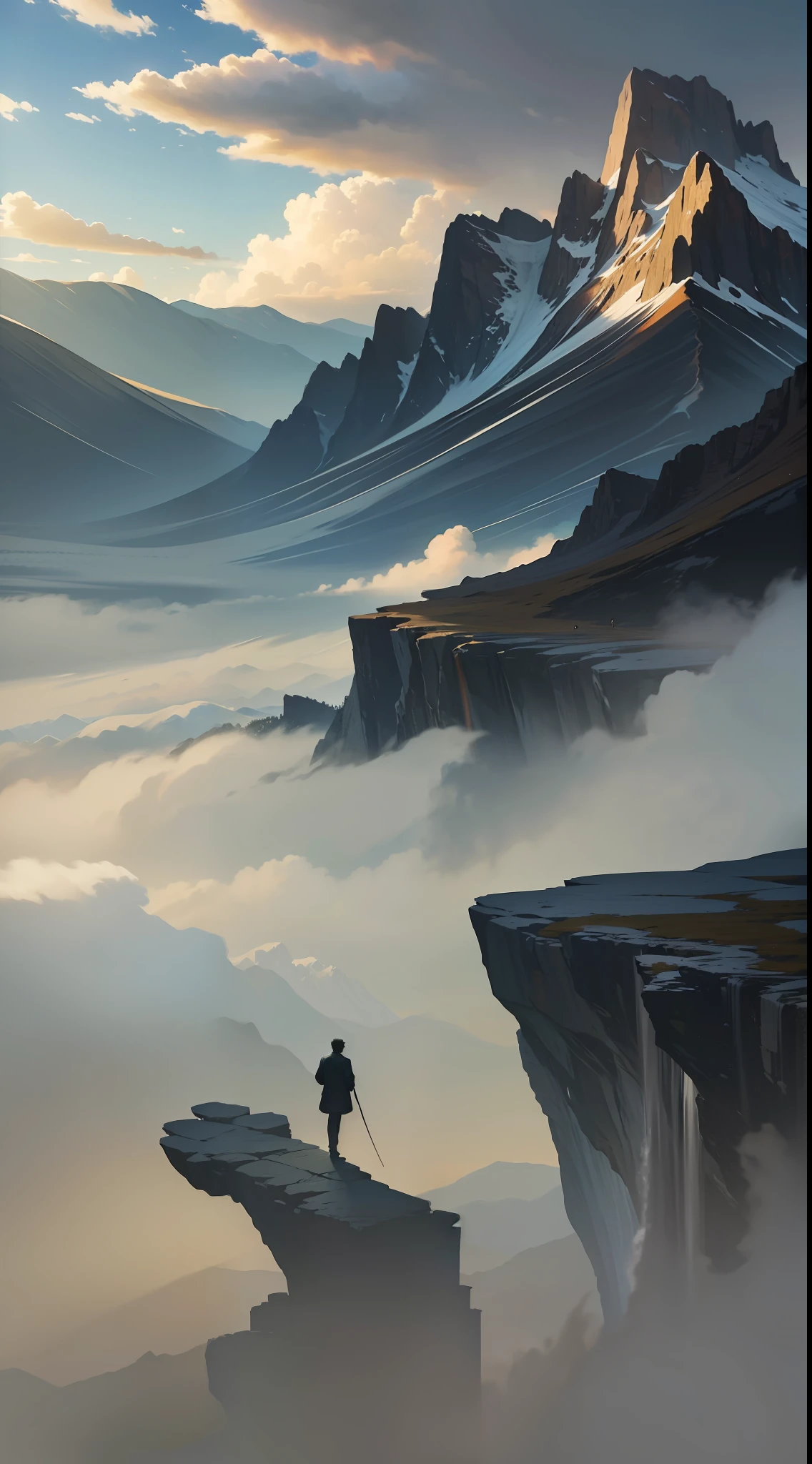 a huge landscape of mountains floating over the sea, a tiny silhouette of a man looking at those mountains