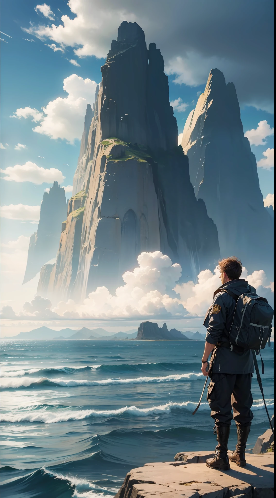 a huge landscape of mountains floating over the sea, a tiny silhouette of a man looking at those mountains