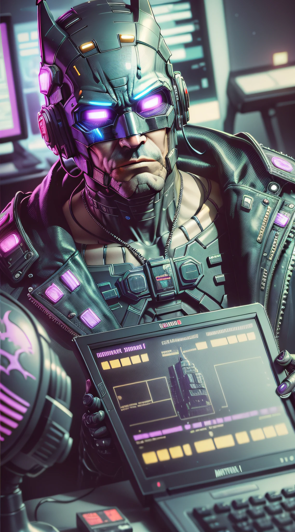 ((Best quality)), ((masterpiece)), (highly detailed:1.3), 3D, batman (cyberpunk:1.3) mask batman operating a computer terminal