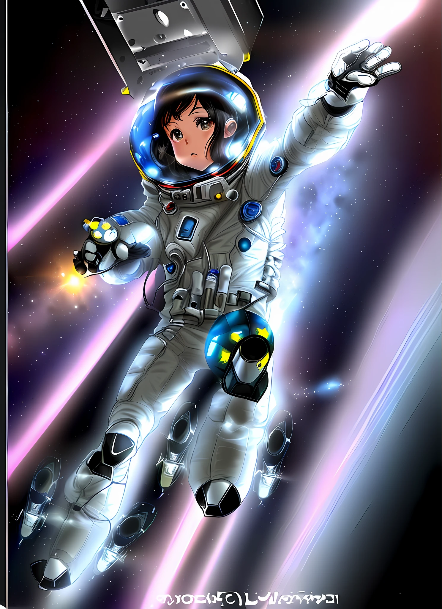 a drawing of a cartoon character in a space suit, fully adapted to space, inspired by Wally Wood, in space suit, dressed in space suit, molly spacesuit, science fiction space suit, space suit, with a space suit, inspired by Otomo Katsuhiro, metallic, dramatic light, space background, hyper realistic, RPG character