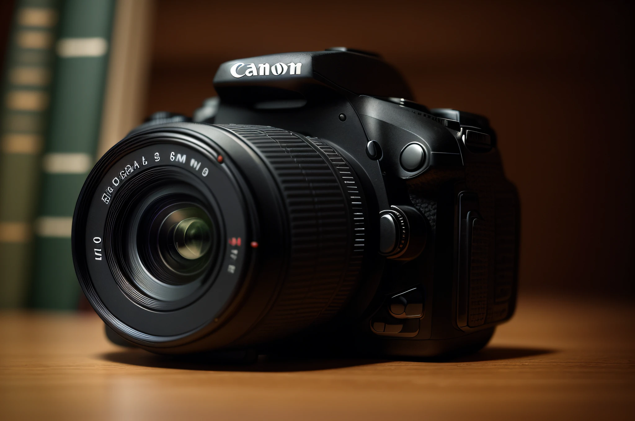 There's a camera sitting at a desk with a bookshelf in the background. A closeup of a camera with a lens on a table, Professional photography. 8K Product Photography, Photo Taken with Canon 5D, High Quality DSLR Photo, High Quality DSLR Photography. Set in a vintage workshop. --AR 7:4 --auto --s2