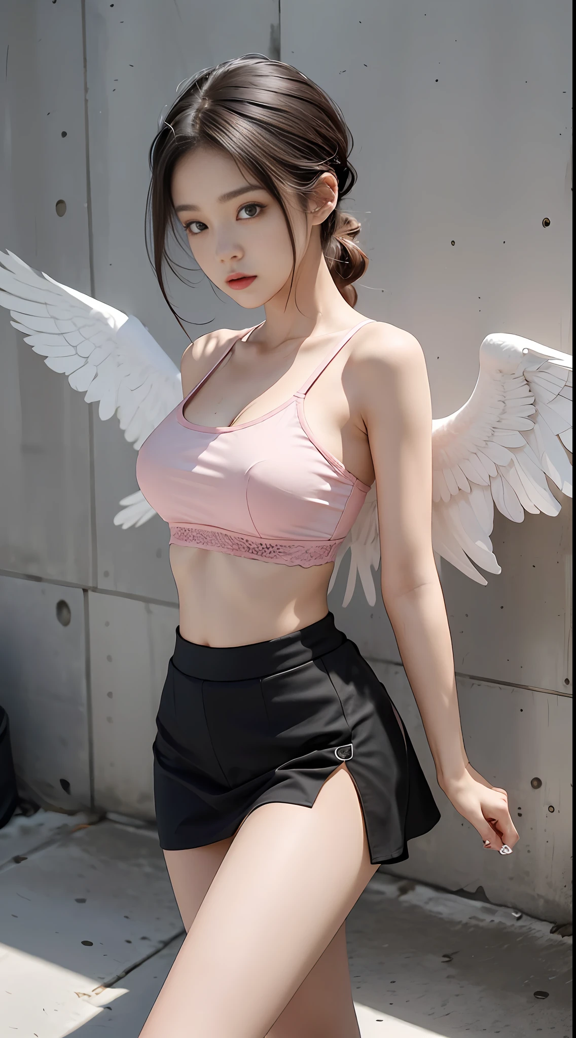 Girl in pink bra and black tight short skirt posing for photo, full body, with cropped T-shirt, bra, slim figure, (hairstyle casual, not leaking big breasts: 1.3), slim girl model, 18-year-old female model, with a pair of white wings on her back flying in the air