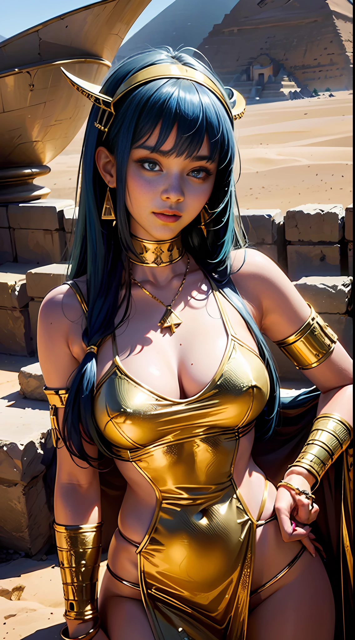 Best Quality, Masterpiece, Ultra High Resolution, (Realisticity: 1.4), Original Photo, Desert, Pyramids, 1girl, Blue Eyes, Bare Shoulders, Cinematic Lighting, Bangs, Shoulder Hair, Serpentine Hair Accessories, Cleopatra, Egyptian Costumes, Gold and Green,