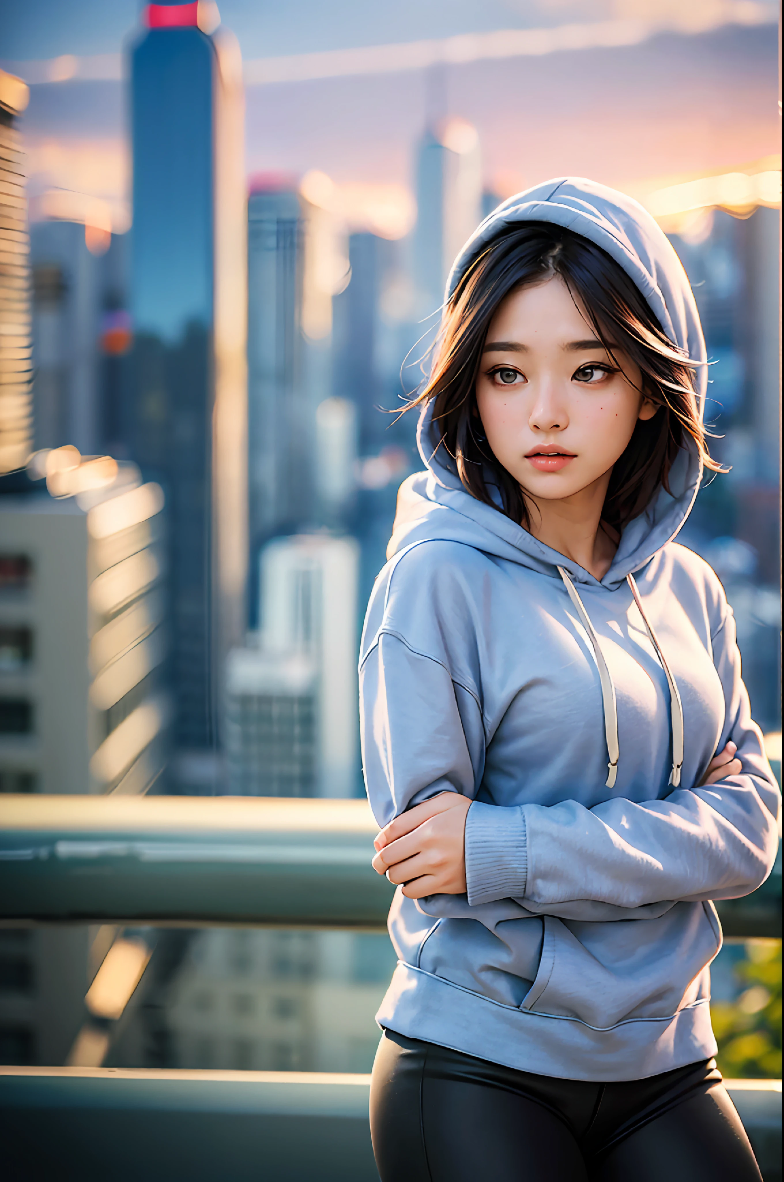 Masterpiece, photorealistic, high detail, photo of 22 year old beautiful woman wearing casual shirt with a hoodie and leggings standing in front of a city skyline at sunrise, messy medium hair, slim body, medium upper body shot, looking at the camera, short smile, shallow depth of field, 8k uhd, dslr, soft lighting, high quality, photorealistic, realism, hyperrealism, art photography,looking away, looking to the side, looking afar, looking at another