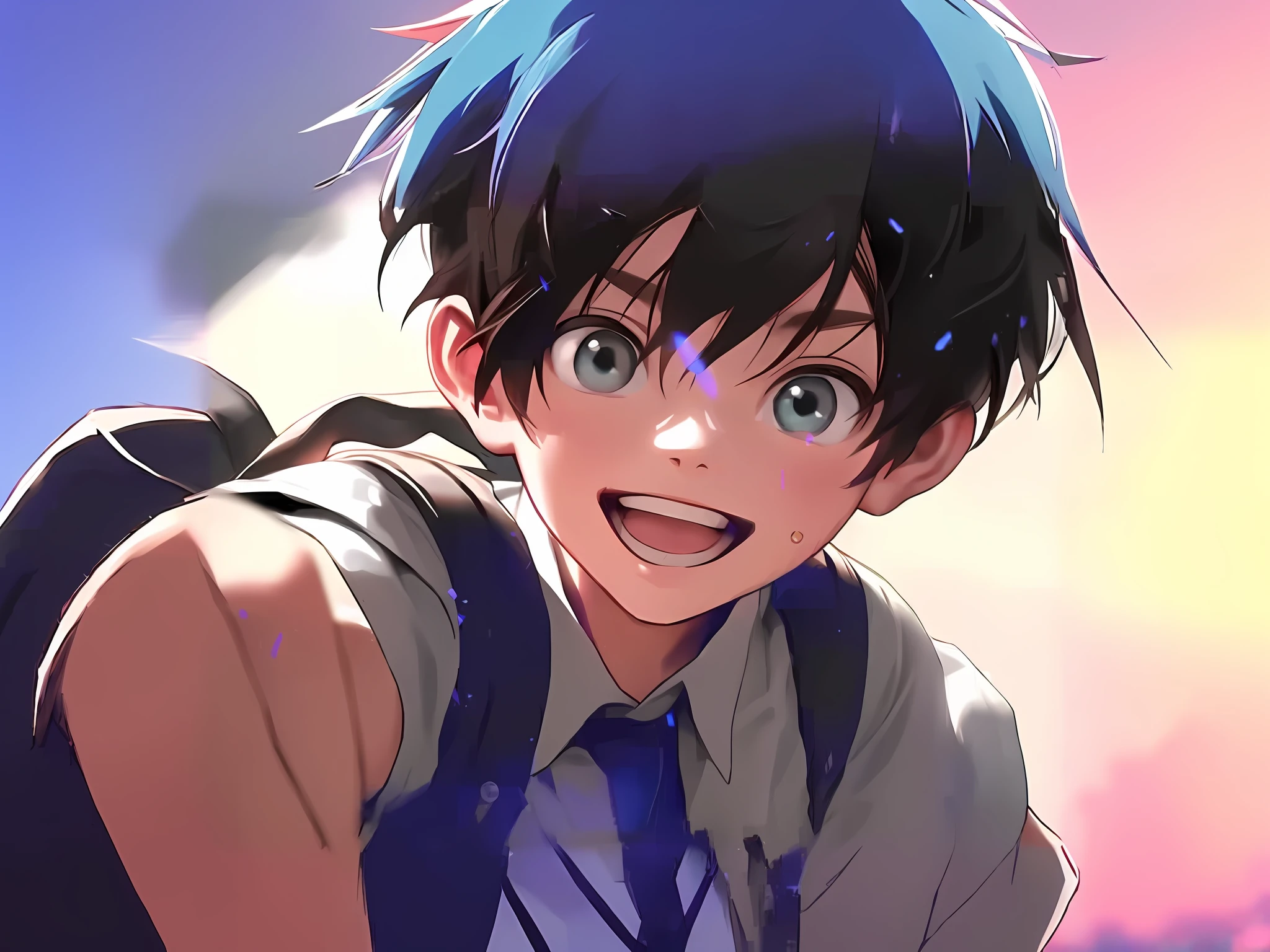 anime boy with black hair and blue eyes pointing at something, anime moe artstyle, [[[[grinning evily]]]], makoto shinkai!!, makoto shinkai!, makoto shinkai. digital render, anime boy, official art, aramaki shinji, high quality anime artstyle, shinji