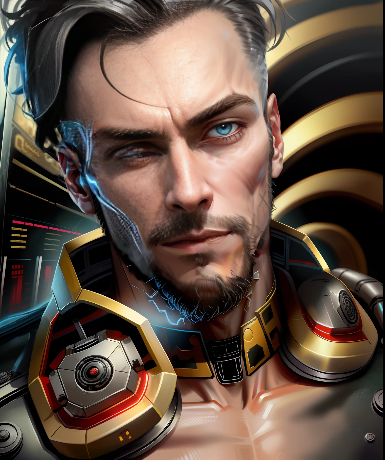 A cybernetic man in the range of 27 years old, muscular stereotype, with cowboy hat (mechanical parts: 1.5), fighting, bright eyes, short hair, tight supersuit torn, in a destroyed city, smoke and fire, aura of brilliant power, dynamic pose, dynamic vision, hyper detailed, 8k quality, with tattoo on the arm, mechanical roman watch on the chest, merge images, hyper realism. Enjoy original photo base, mechanical and human bust. With gray goatee and gray hair.