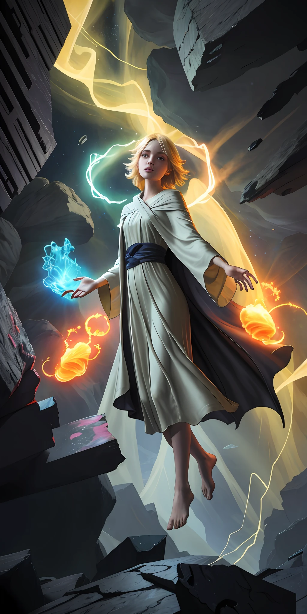 Female barefoot summoner levitated on blond robes and cloaked arms and held up across the shattered earth Bright lava light from below the asteroid field (jagged rocks, boulders and debris shooting into the air: 1.3) Beautiful face Delicate appearance (Gale Dust Debris Storm: 1.1) Volumetric fog ray tracing Z delivers bright light from below, (Masterpiece) (Best Quality) (detailed) (8K) (Cinematic Lighting) (Sharp Focus) (Complex)
