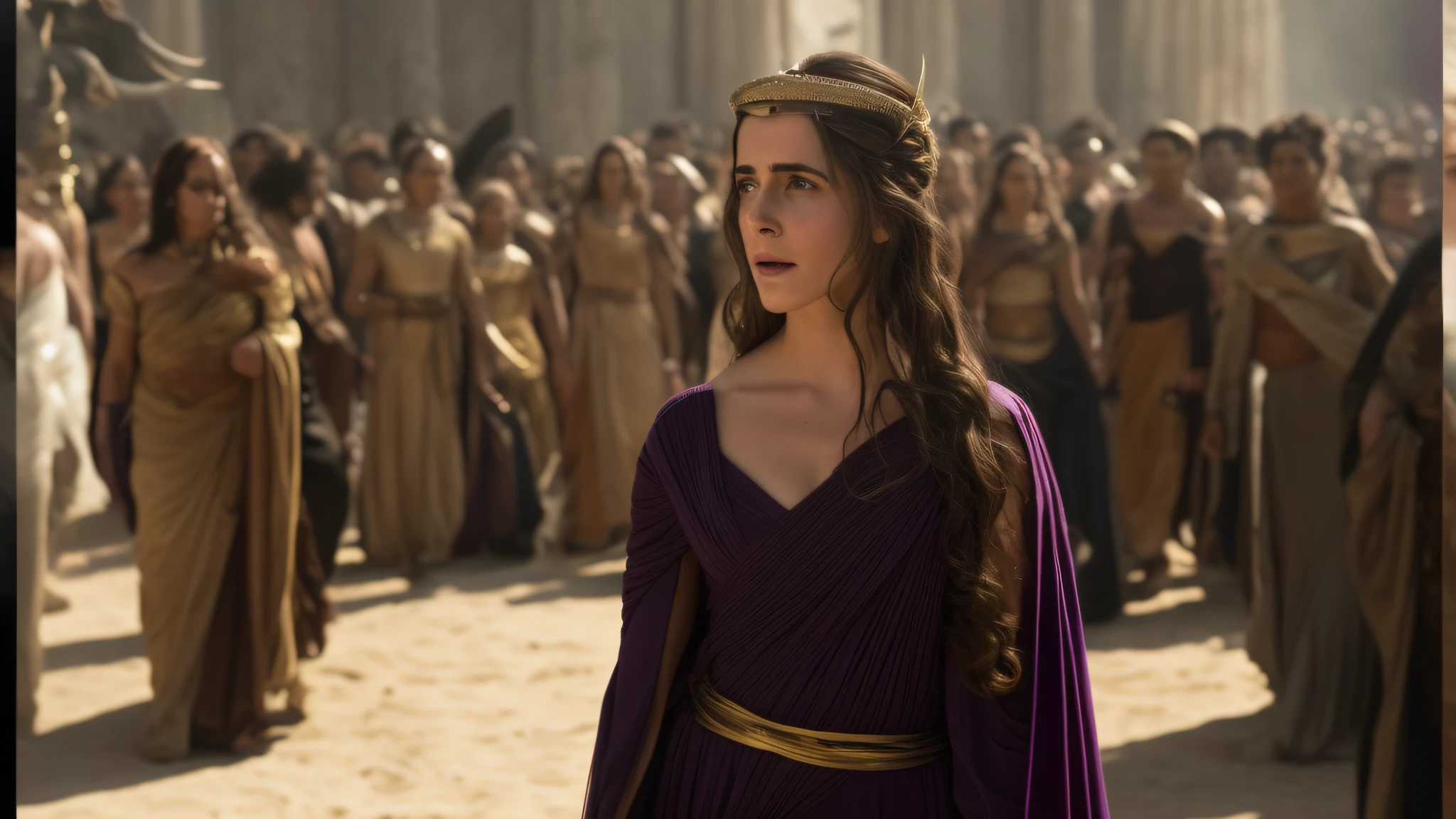 a woman in a purple dress standing in a crowd of people, the godess hera looking angry, emma watson as a greek goddess, the goddess hera looking angry, black emma watson as egyptian, emilia clarke as a greek goddess, cinematic goddess shot, emma watson as driada, scene from dune 2 0 2 1 movie