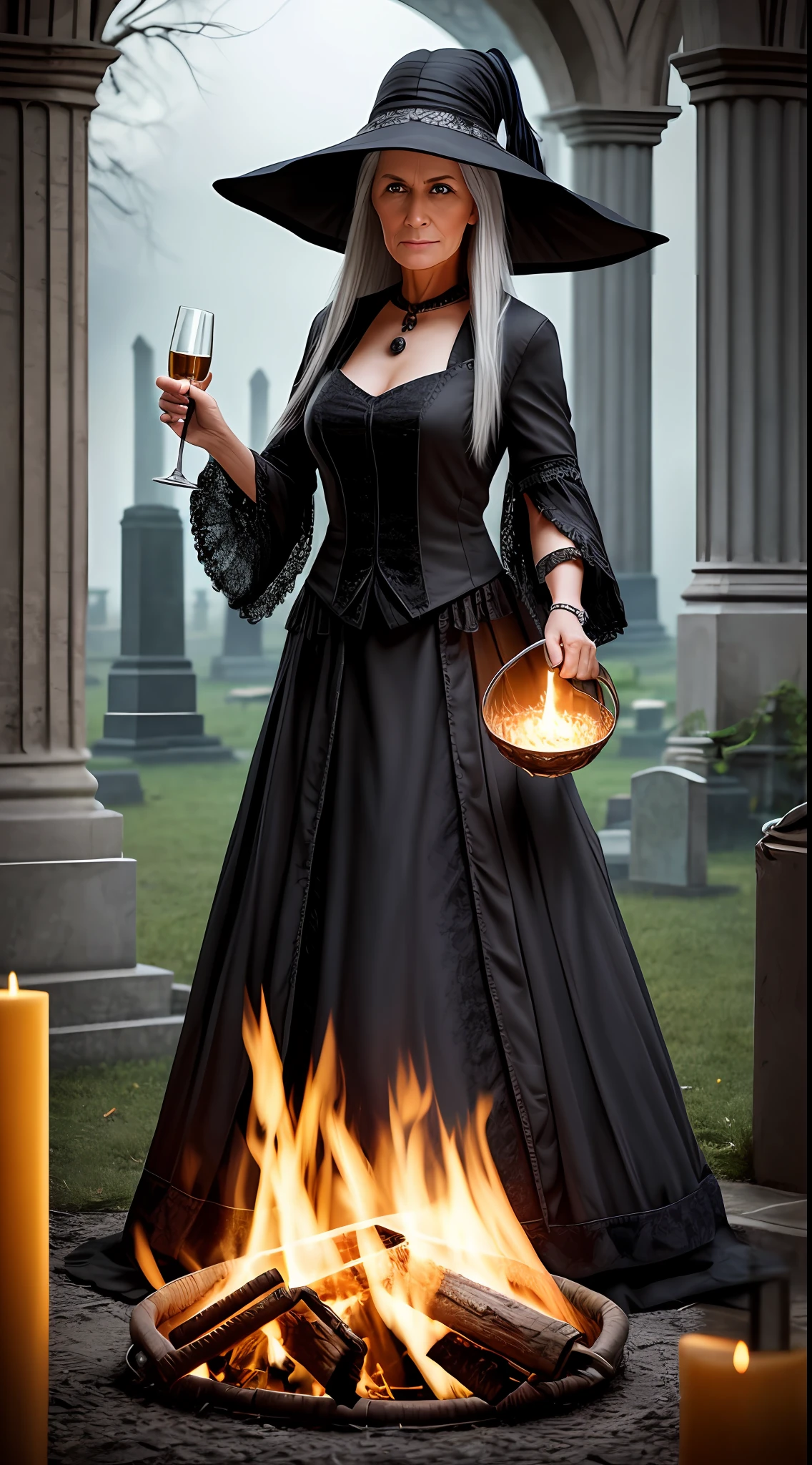 Realistic photo, ultra details, natural light Ultra detailed portrait ((1)) Elderly woman sorceress, 60 years old, thin, long gray hair, black hat sorceress, with a cauldron with fire in front of her, with shredded black blouse, long patchwork color skirt, champagne glass in hand, dark background, in the cemetery, photo taken full body. The illustration is in high definition in 8K resolution, with ultra detailed facial features