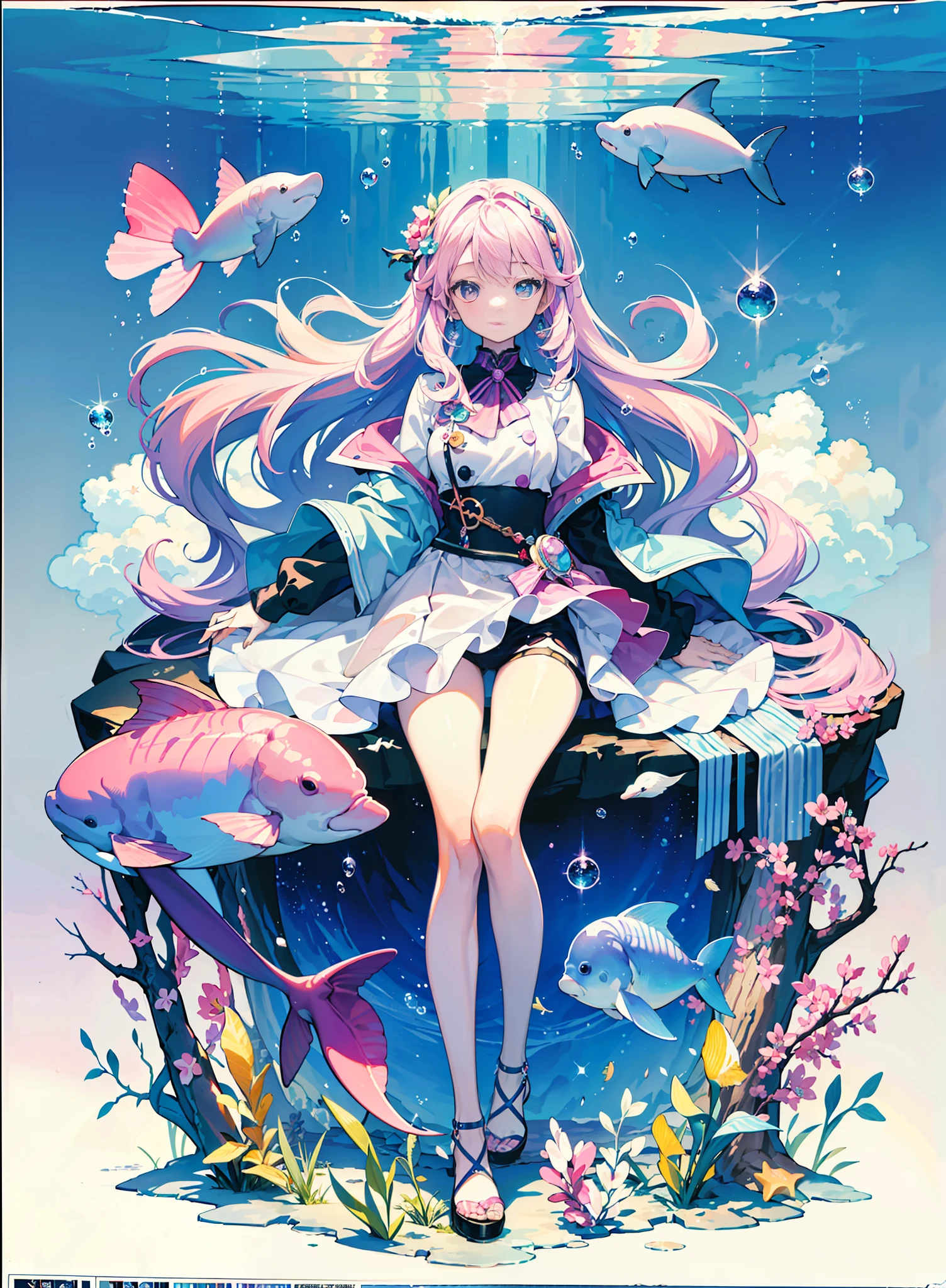 (masterpiece, top quality, best quality, official art, beautiful and aesthetic,1girl,:1.5), (best softness:1.2),(pastel color:1.4),(cute illustration:1.5),(watercolor:1.2),( character sheet:1.4), (concept art:1.3),(1 girl: 1.3), (fractal art: 1.3), viewer watching, pattern, (iridescent hair, colorful hair, half light purple and half pink hair: 1.2), undersea, fish, dolphin, bubbles, water, colorful, seabed,
