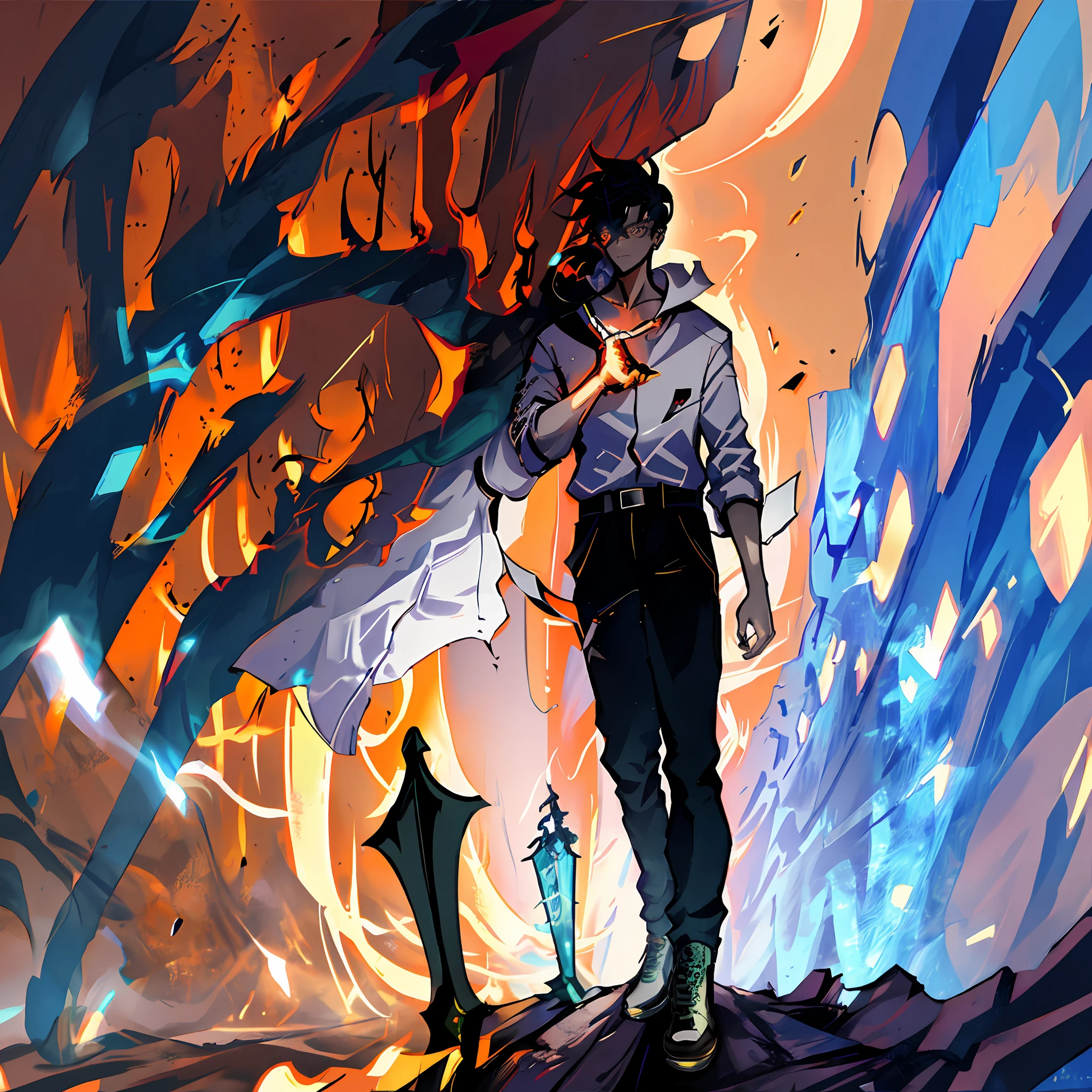 A cyberpunk-style two-dimensional boy, with his left hand bent and pointing at the sky, the background is a burning sky, high-definition, with clear details of fingers