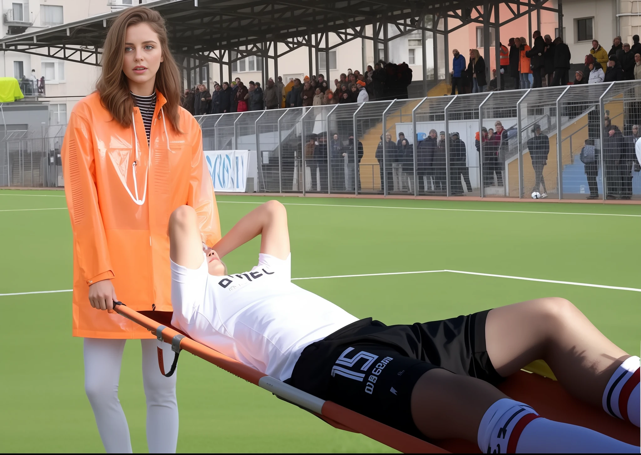 they are playing soccer on a field with a man laying on a stretcher, a pretty schoolgirl in a high-shine raincoat is carrying the stretcher, there is a desperate schoolgirl in an orange pvc coat, dasha taran, by Anna Füssli, on set, raphael personnaz, sport, by Zofia Stryjenska, by Anna Haifisch, viktor deni, by Gina Pellón, by Magdalene Bärens, on the field