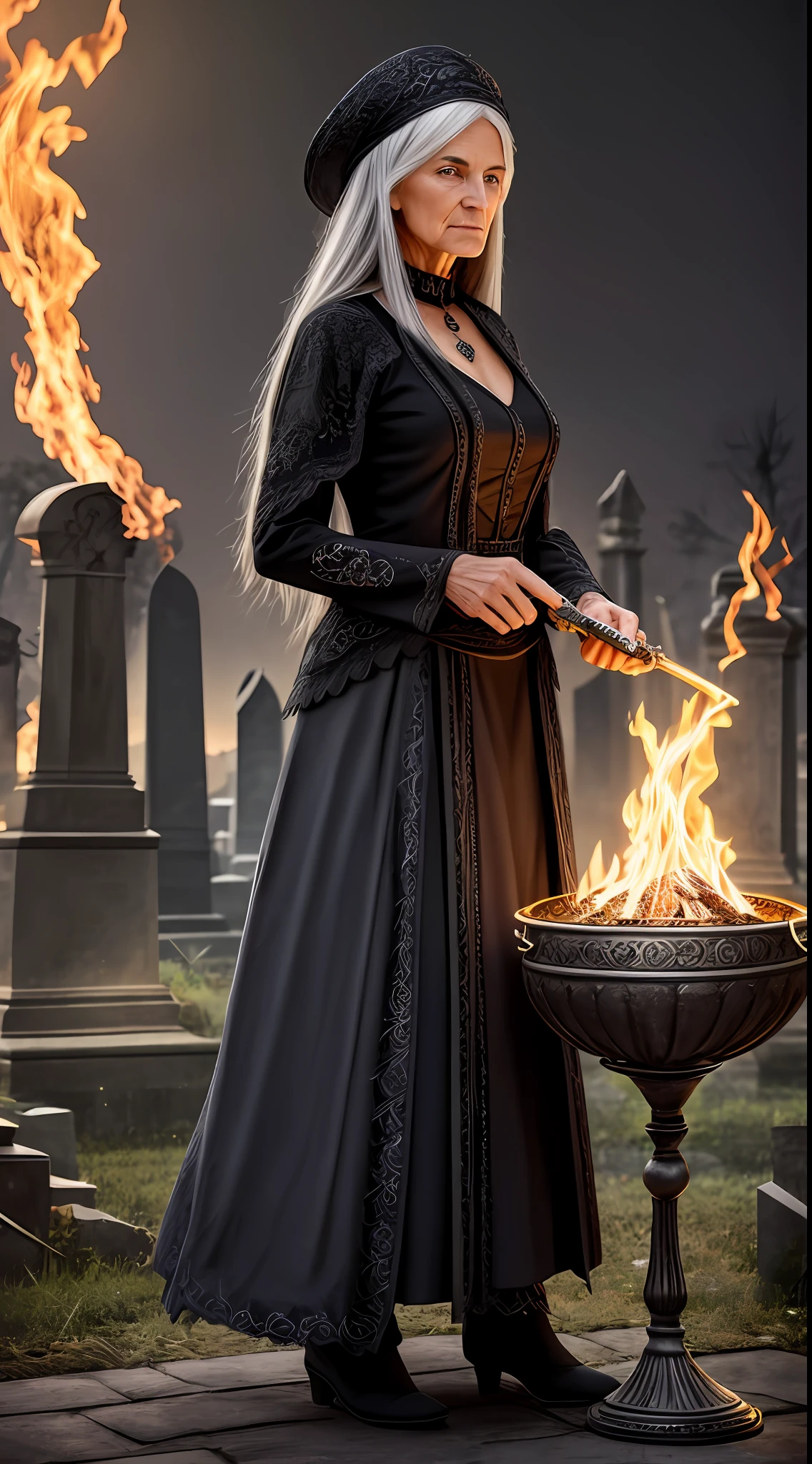 Realistic photo, ultra details, natural light Ultra detailed portrait ((1)) Elderly woman sorceress, 60 years old, thin, long gray hair, black hat sorceress, with a cauldron with fire in front of her, with shredded black blouse, long patchwork color skirt, champagne glass in hand, dark background, in the cemetery, photo taken full body. The illustration is in high definition in 8K resolution, with ultra detailed facial features