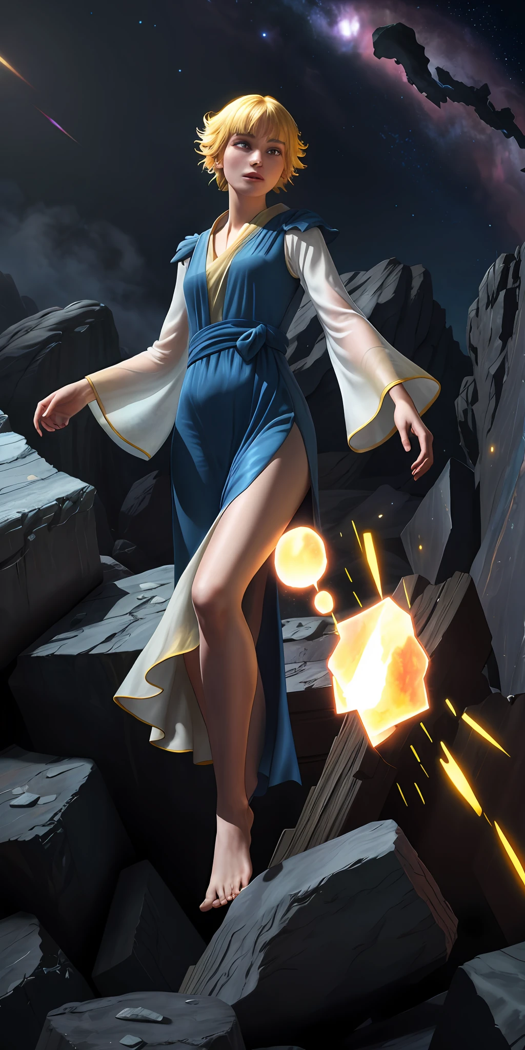 Female barefoot summoner levitated on blond robes and cloaked arms and held up across the shattered earth Bright lava light from below the asteroid field (jagged rocks, boulders and debris shooting into the air: 1.3) Beautiful face Delicate appearance (Gale Dust Debris Storm: 1.1) Volumetric fog ray tracing Z delivers bright light from below, (Masterpiece) (Best Quality) (detailed) (8K) (Cinematic Lighting) (Sharp Focus) (Complex)