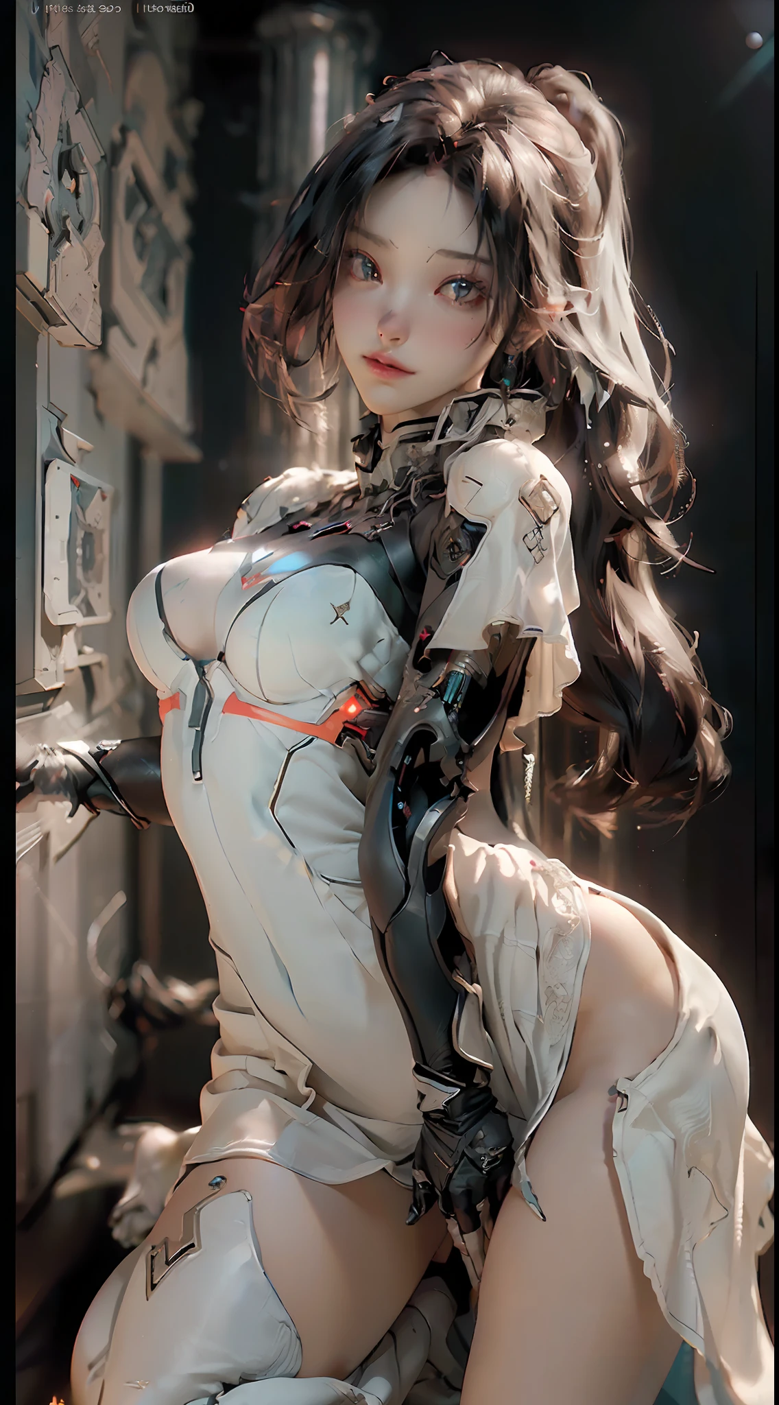 (Best Quality), ((Masterpiece), (Detail: 1.4), 3D, A Beautiful Cyberpunk Woman, HDR (High Dynamic Range), Ray Tracing, NVIDIA RTX, Super-Resolution, Unreal 5, Subsurface Scattering, PBR Textures, Post-Processing, Anisotropic Filtering, Depth of Field, Maximum Sharpness and Clarity, Multi-layer Textures, Albedo and Highlight Maps, Surface Shading, Accurate simulation of light-material interactions, perfect proportions, Octane Render, two-color light, large aperture, low ISO, white balance, rule of thirds, 8K RAW, exposed side breasts, fair and slender long legs, full breasts, bent over against the wall