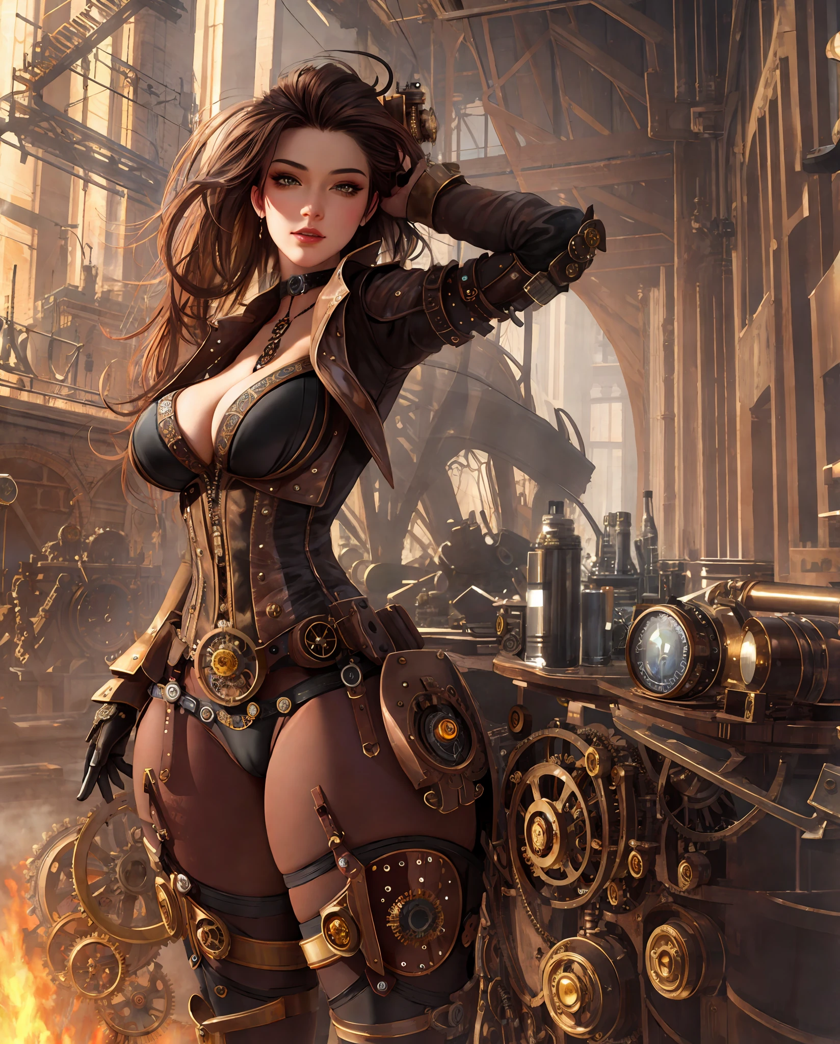 (((steampunk))),masterpiece, best quality, high quality, High definition, High quality texture, High quality shadow, high detail, realistic, Cinematic Light, sidelighting, Lens Flare, Ray tracing, sharp focus,(((steampunk style))),sexy pose, large very sagging bosoms,cameltoe,ultra realistic 8k cg, picture-perfect face, flawless, clean, masterpiece, professional artwork, famous artwork, perfect face, beautiful face, beautiful eyes, ((perfect female body)), solo,((((seductive expression)))),extremely detailed, eyes,thick thighs,(random normals hair colors)), beautifully detailed background,depth of field,full body,