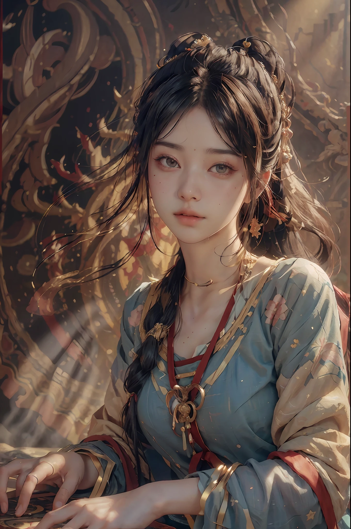 (RAW photo, best quality), (realistic, photo-realistic:1.3),best quality,highly detailed,masterpiece,ultra-detailed,illustration,1girl,upper_body,dynamic angle,world masterpiece theater,messy_long_hair,best quality,extremely detailed CG unity 8k wallpaper,ink,Amazing,cinematic lighting,lens_flare, dunhuang_style