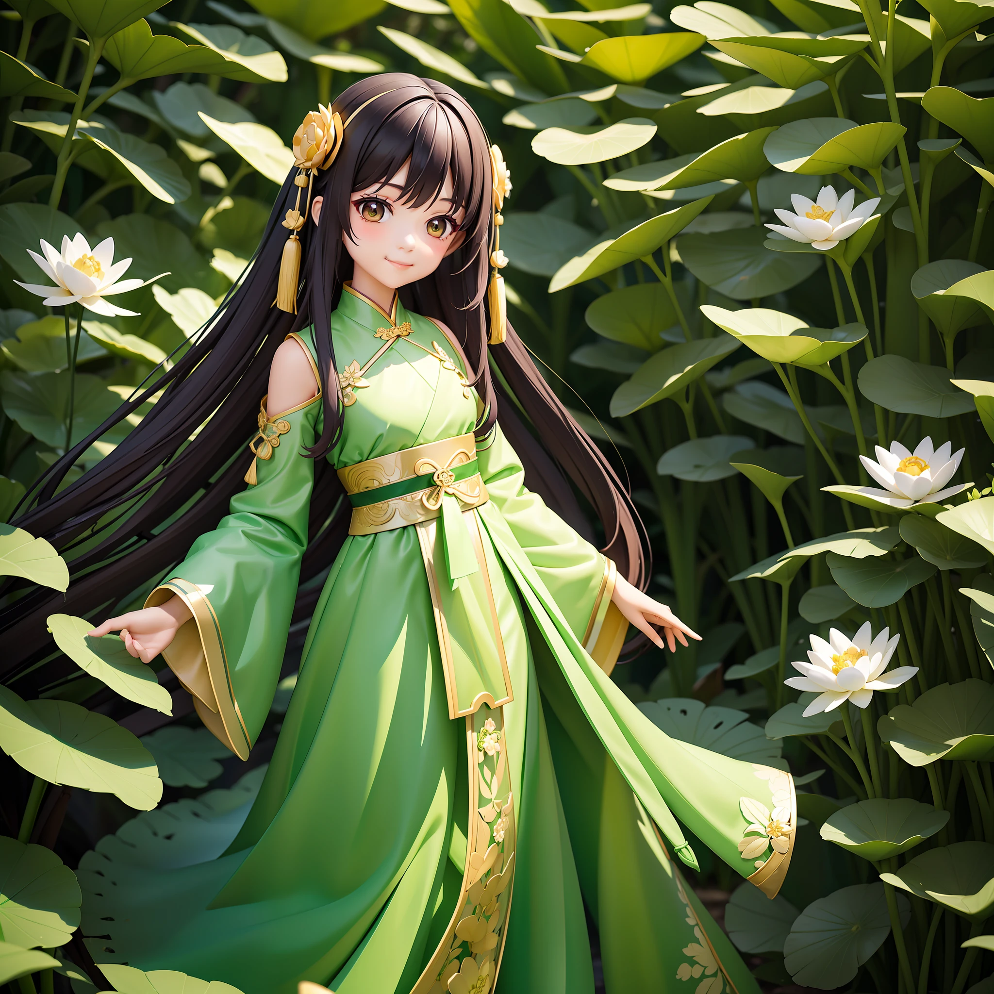 ((Masterpiece)), high quality, super detailed, black hair + green and white clothing, full body, , single girl, delicate facial features, brown eyes, lotus, dragonfly, traditional Chinese Hanfu, summer, smile, bright and bright colors, romantic long hair, natural light, warm and sweet, gorgeous hair decoration