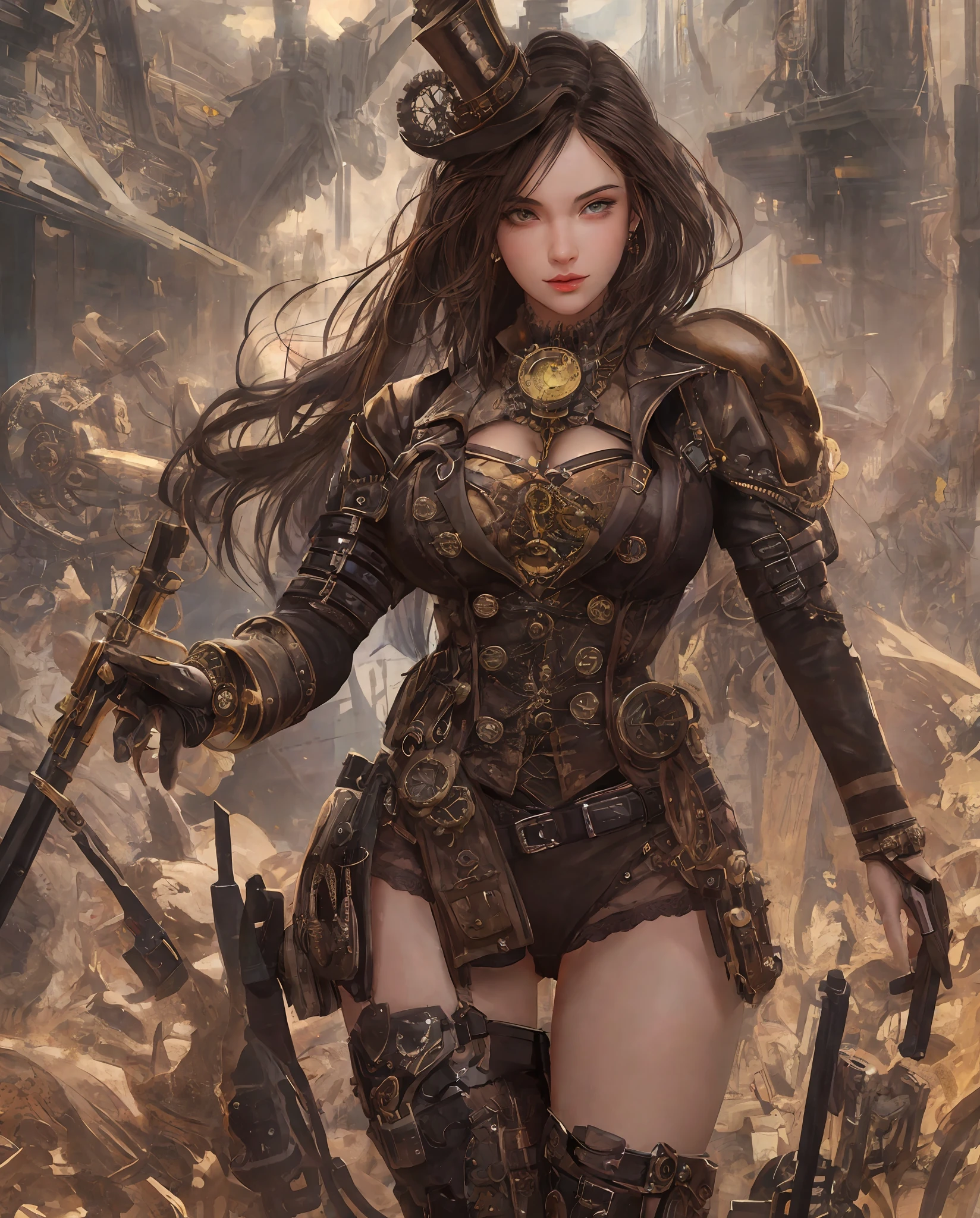 (((steampunk))),masterpiece, best quality, high quality, High definition, High quality texture, High quality shadow, high detail, realistic, Cinematic Light, sidelighting, Lens Flare, Ray tracing, sharp focus,(((steampunk style))),sexy pose, large very sagging bosoms,cameltoe,ultra realistic 8k cg, picture-perfect face, flawless, clean, masterpiece, professional artwork, famous artwork, perfect face, beautiful face, beautiful eyes, ((perfect female body)), solo,((((seductive expression)))),extremely detailed, eyes,thick thighs,(random normals hair colors)), beautifully detailed background,depth of field,full body,