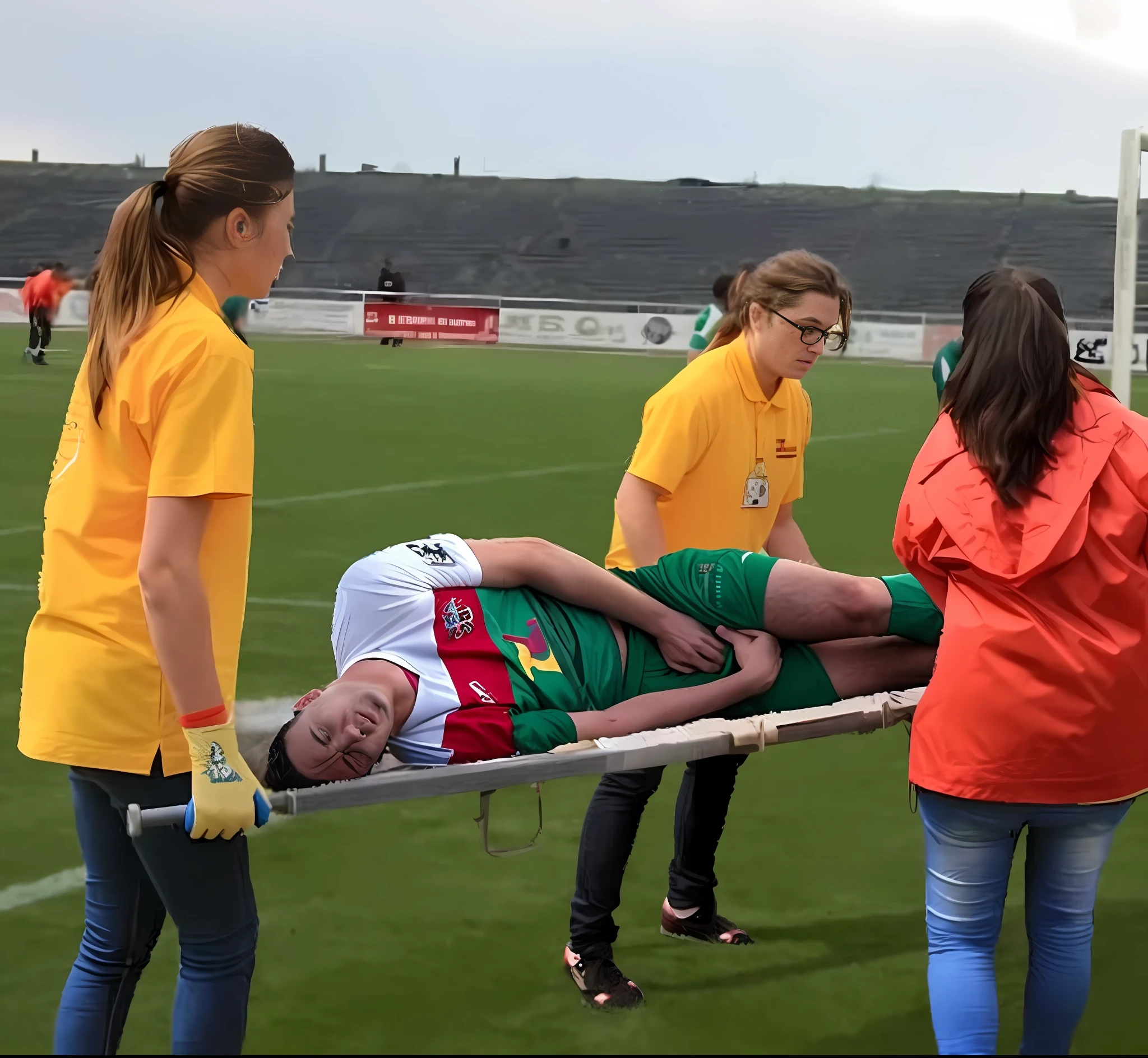 several people are standing around a man on a stretcher, injured, looking partly to the left, inspired by Pál Szinyei Merse, on the field, album photo, 3156350975, absolutely outstanding image, exclusive, exploitable image, real photo, 3274589695