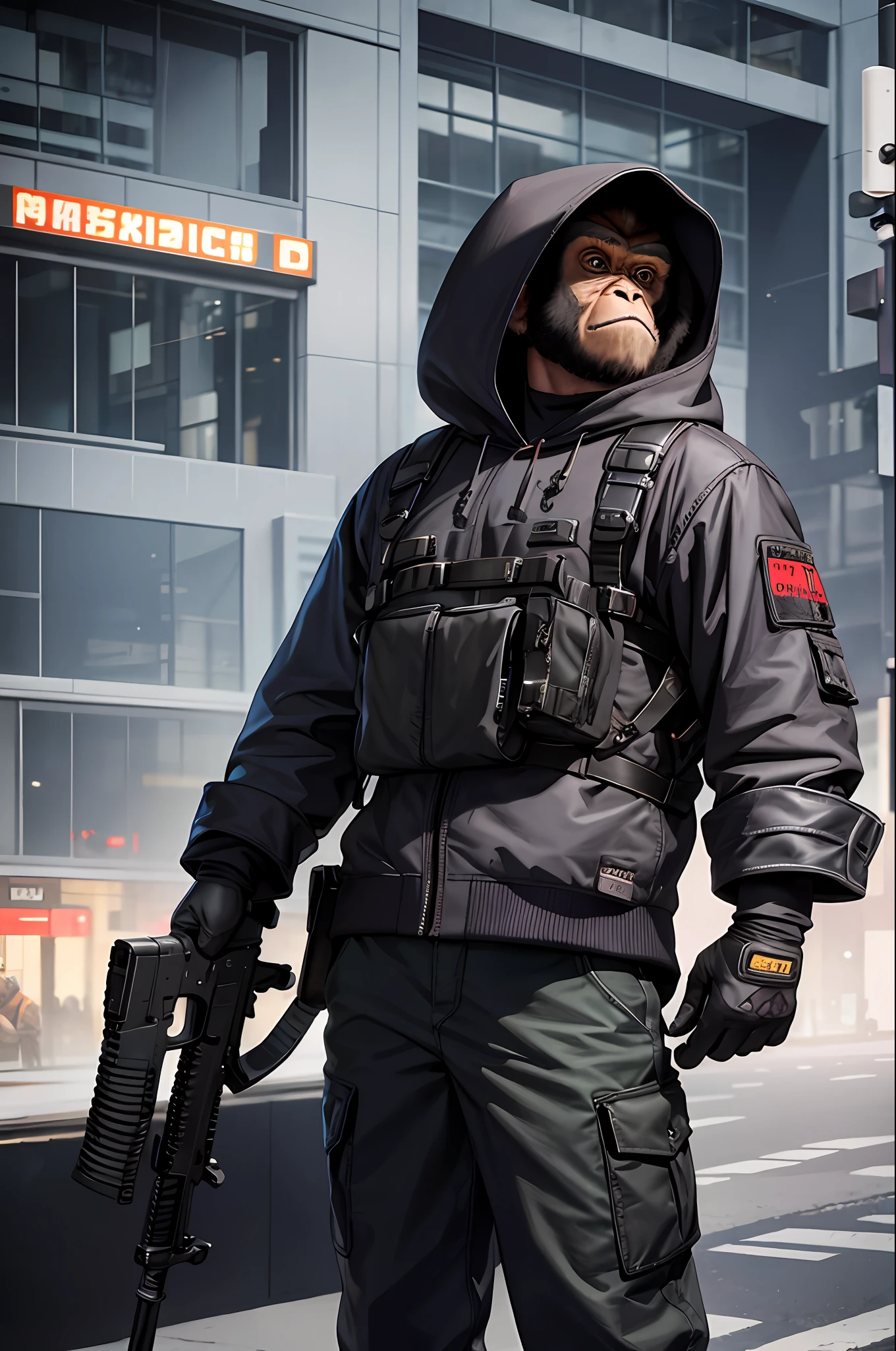 masterpiece, best quality, realistic , fashion monkey, gorilla, blur, book, cable, cyberpunk, gloves, infrared sleeve with automatic rifle in hand, hood, solo,