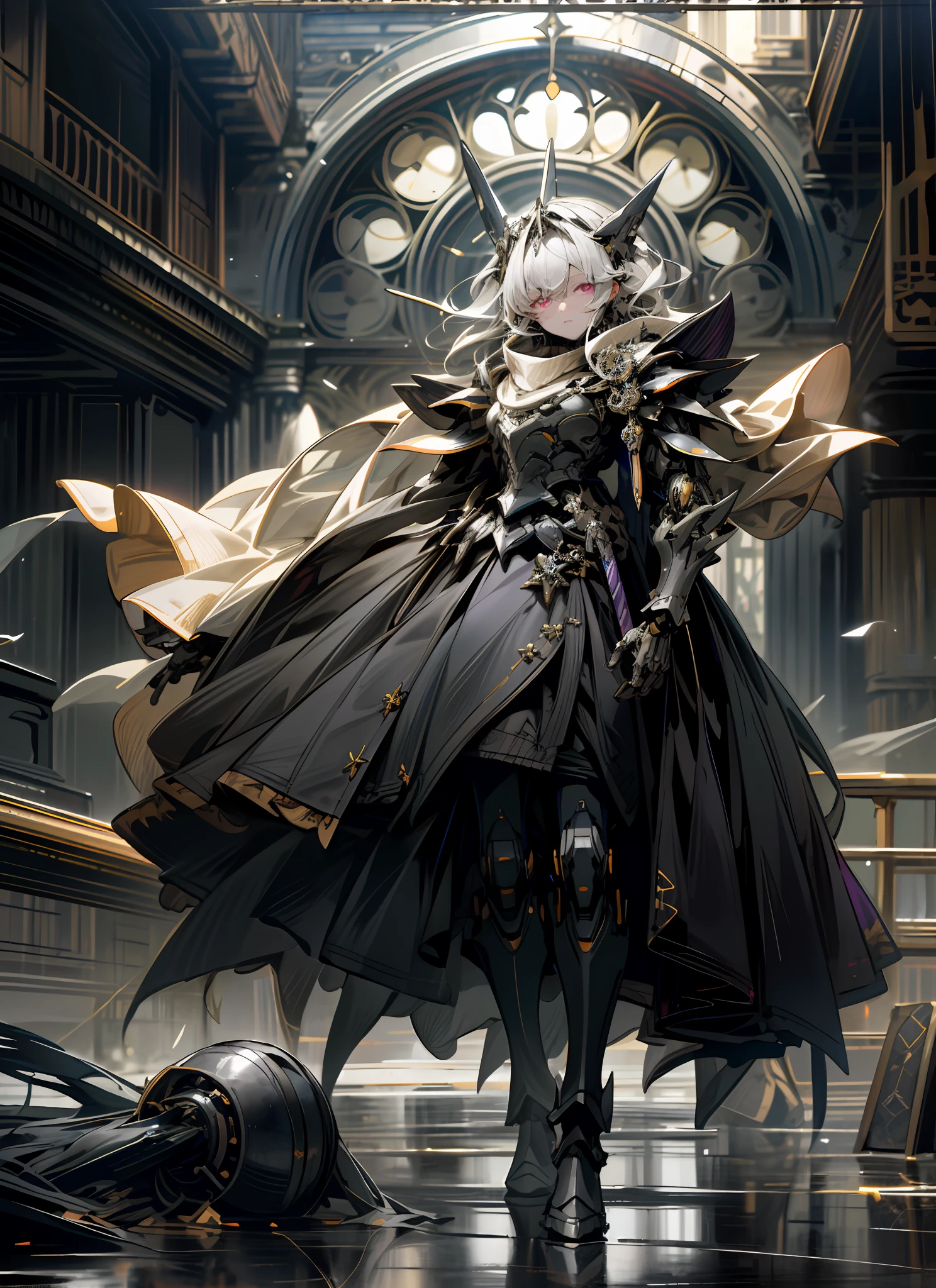 holding_weapon, no_humans, Glow, Robot, Architecture, glowing_eyes, Mecha, Science Fiction, City, Reality, Mecha, Grey Hair, Colored Inner Hair, Crossed Bangs, Long Hair, Messy Hair, Glowing Eyes, Purple Eyes, Expressionless, Surrealism, drop shadow, stereogram, tachi-e, chiaroscuro, 8k, super detail, ccurate, best quality, black armor, shawl, mechanical limbs, black boots, dark church, composition, proportion, foreground, medium scene, background, perspective, light, color, texture, detail, beauty, wonder. Quiet and eerie, high details, super detail, single, armored skirt, armored dress, dark fantacy, UHD, masterpiece, best quality, slender figure, stained glass, beautiful detailed eyes, jellyfish, mechanical joints