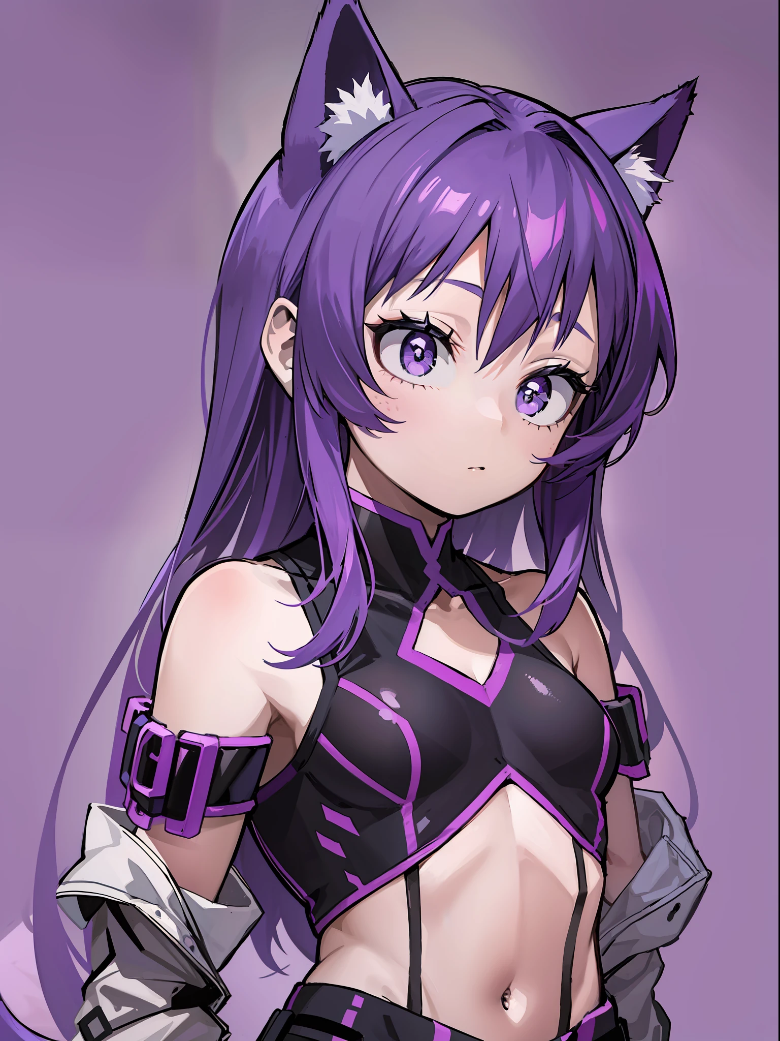 A ***********, Shoulders Long Hair, Purple Hair, Small Purple Cat Ears, A Purple Cat Tail, Assassin Clothing, Amine Style