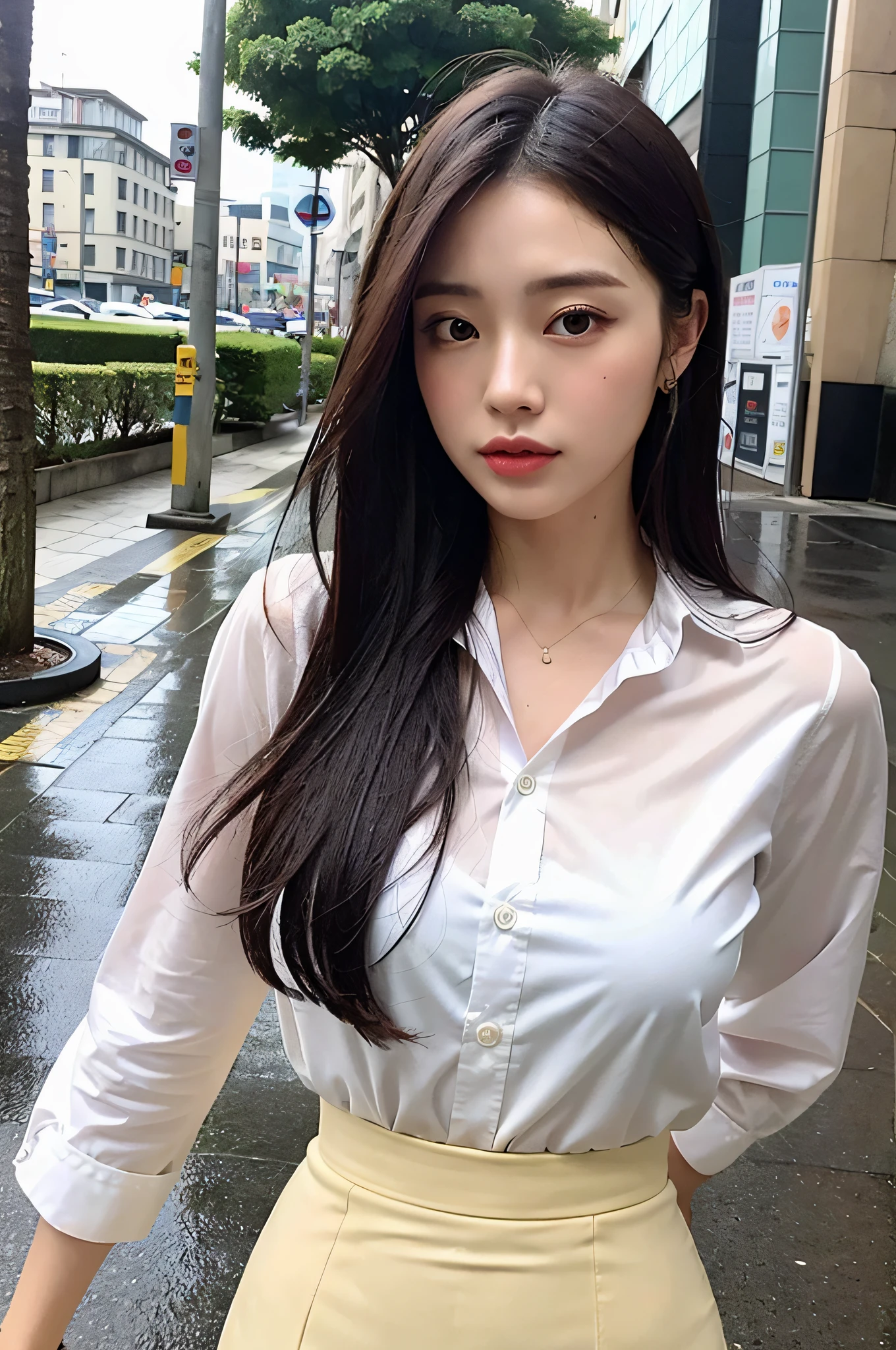 (Best Quality, 4K, Masterpiece: 1.3), Pretty Woman, 1girl, (Breasts, Charming Body: 1.2), Abs: 1.1, Dark Brown Hair: 1.1, (Rain Wet, Rain Wet, Wet Body: 1.2), (Wet Hair, Wet Shirt: 1.4), Real Rain, All Body Soaked, Ultra- Detail Face, Detail Lips, Detail Eyes, Double Eyelids, Wearing a Skirt and White Shirt, Japanese Model, Quarter-Shot Shot, On the Street