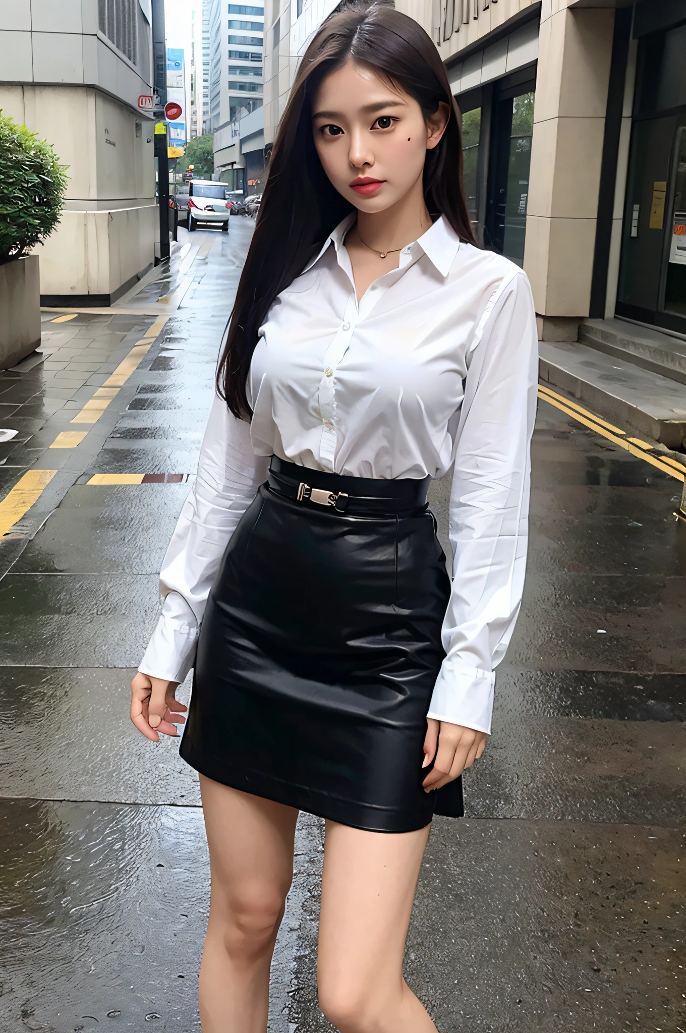 (Best Quality, 4K, Masterpiece: 1.3), Pretty Woman, 1girl, (Breasts, Charming Body: 1.2), Abs: 1.1, Dark Brown Hair: 1.1, (Rain Wet, Rain Wet, Wet Body: 1.2), (Wet Hair, Wet Shirt: 1.4), Real Rain, All Body Soaked, Ultra- Detail Face, Detail Lips, Detail Eyes, Double Eyelids, Wearing a Skirt and White Shirt, Japanese Model, Quarter-Shot Shot, On the Street
