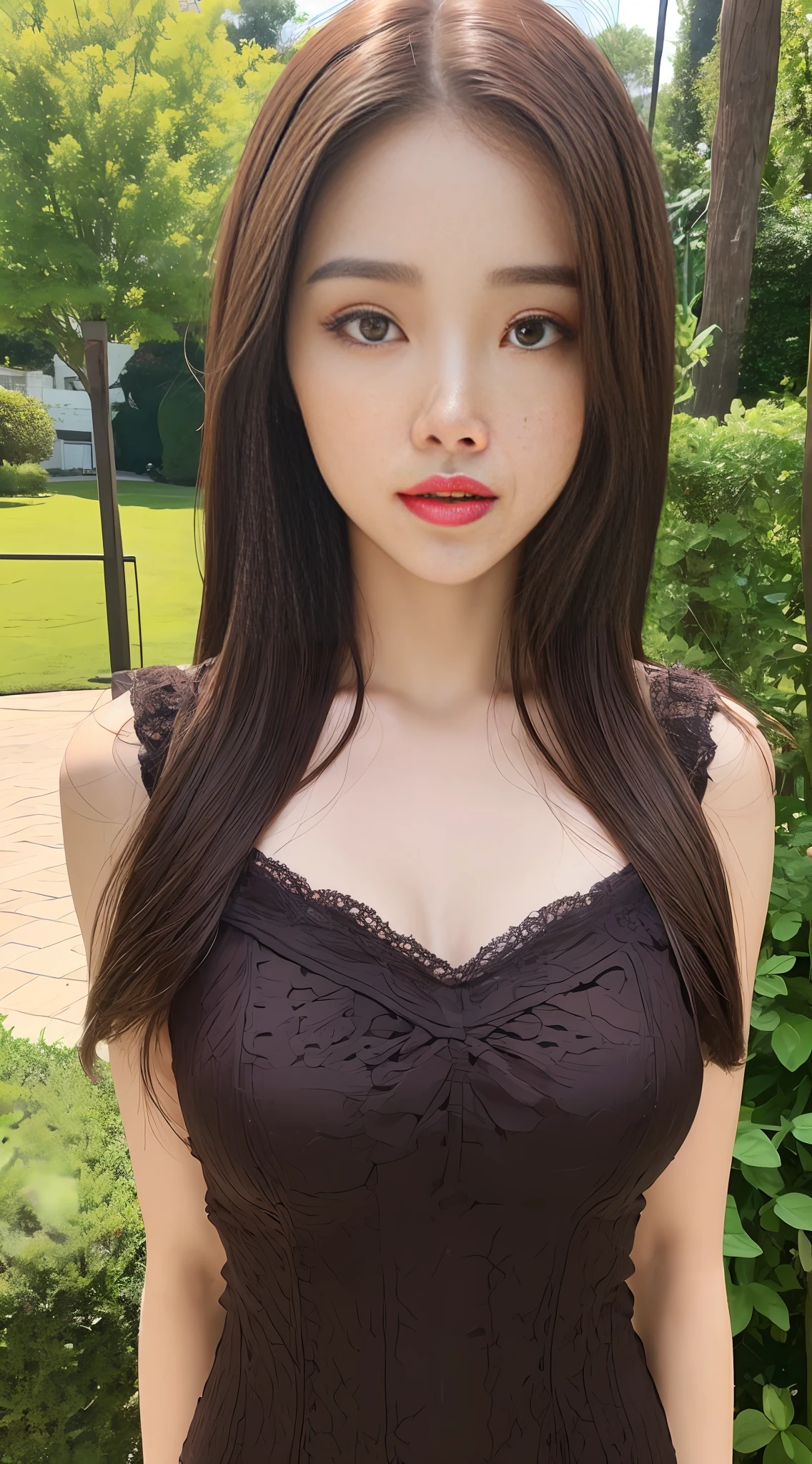 Top Quality, 8k, Masterpiece: 1.3), Pretty Woman with Perfect Figure: 1.4, Dark Brown Hair, (Full Body Pose), Garden, Highly Detailed Face and Skin, Detailed Eyes, Double Eyelids