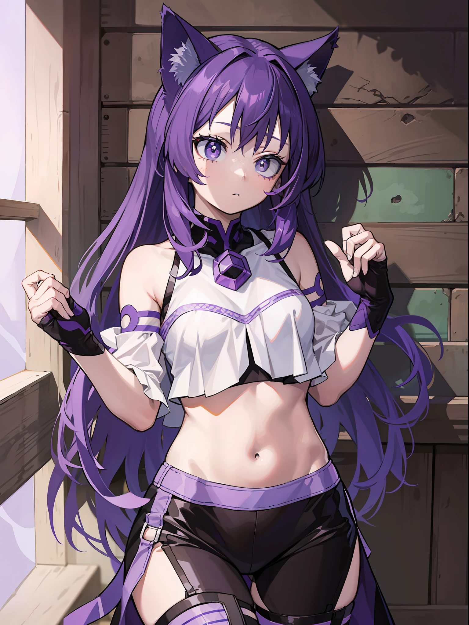 A , Shoulders Long Hair, Purple Hair, Small Purple Cat Ears, A Purple Cat Tail, Assassin Clothing, Amine Style