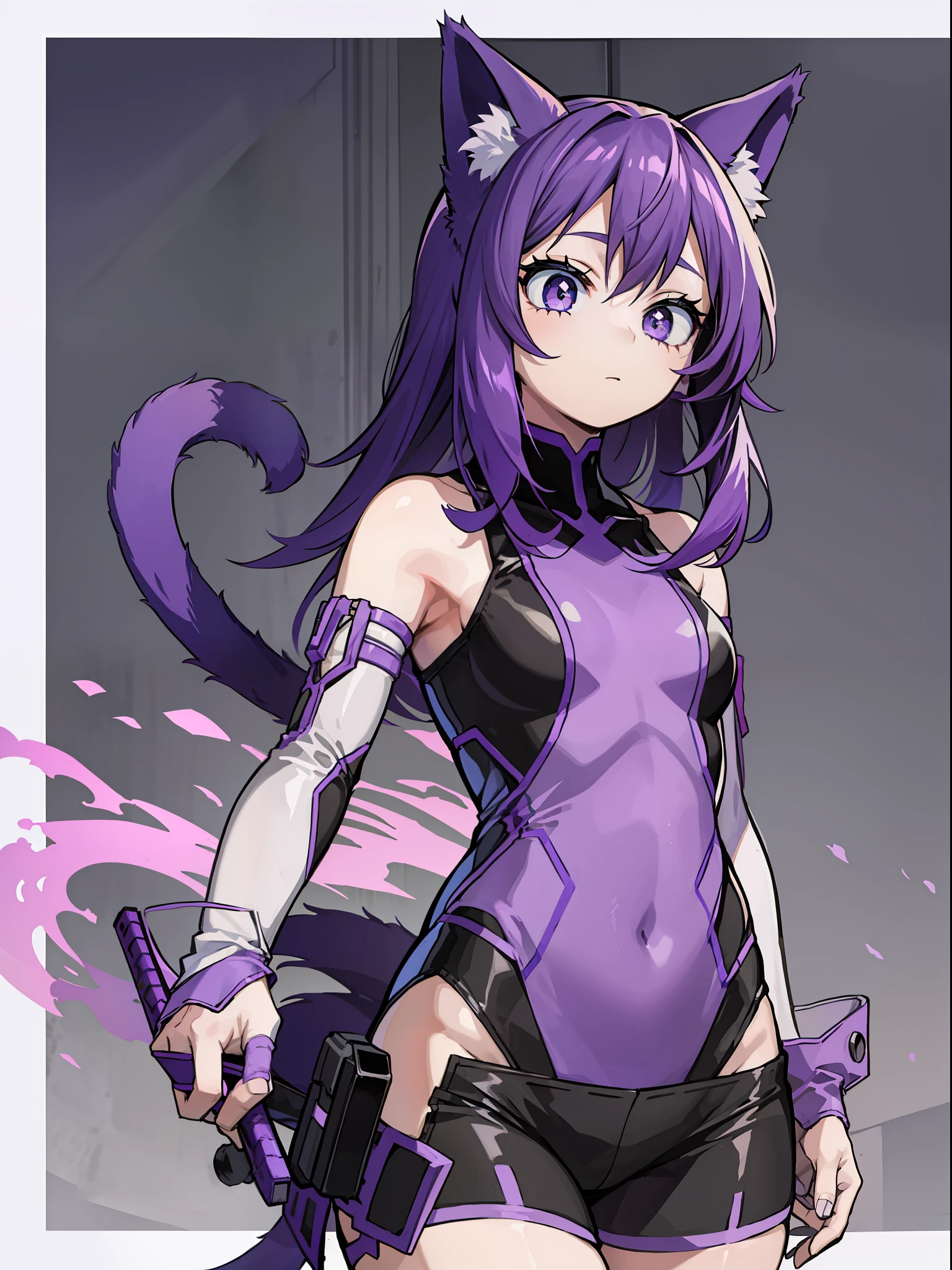 A Little Girl, Shoulders Long Hair, Purple Hair, Small Purple Cat Ears, A Purple Cat Tail, Assassin Clothing, Amine Style