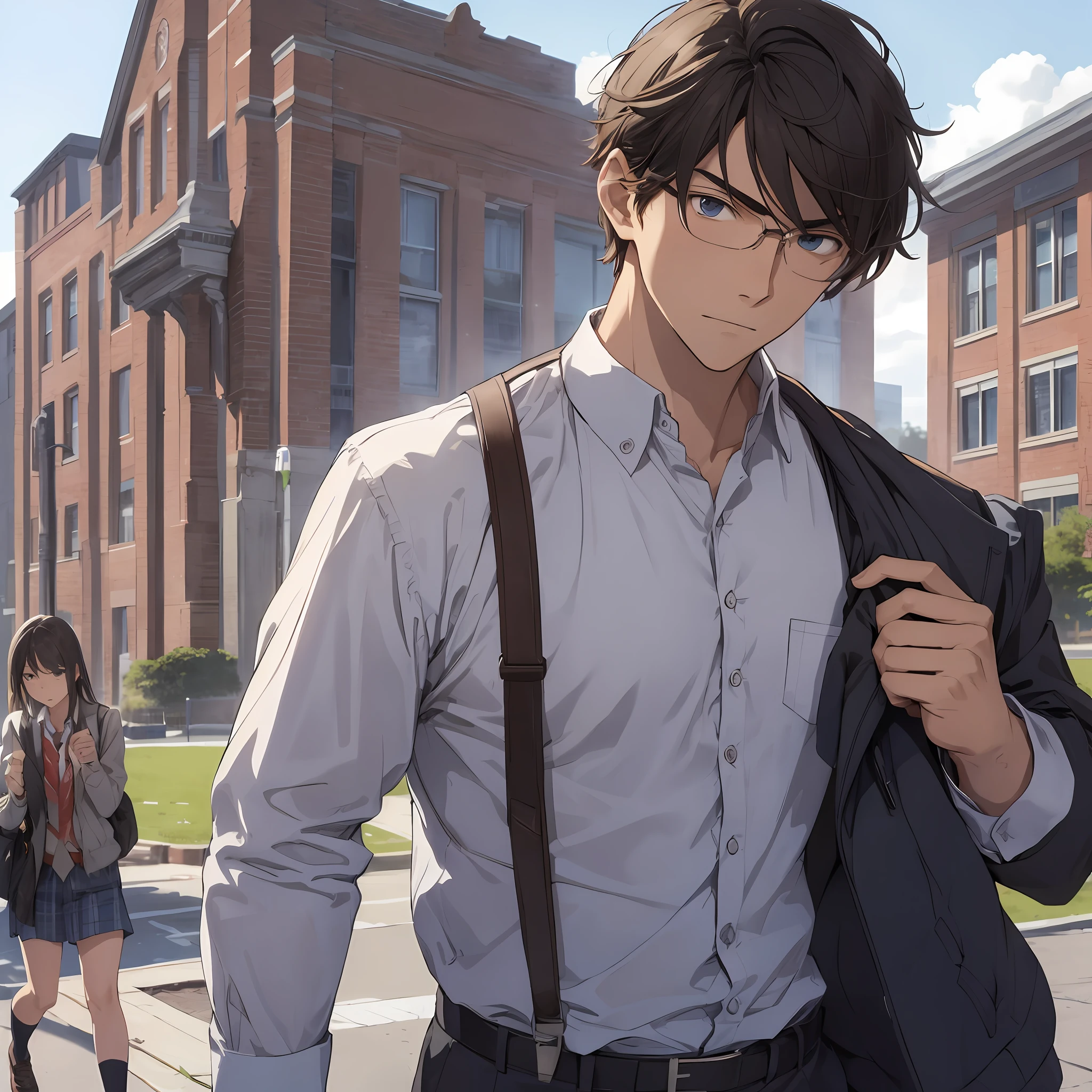 Handsome high school boy, disdainful expression, background is campus, close-up