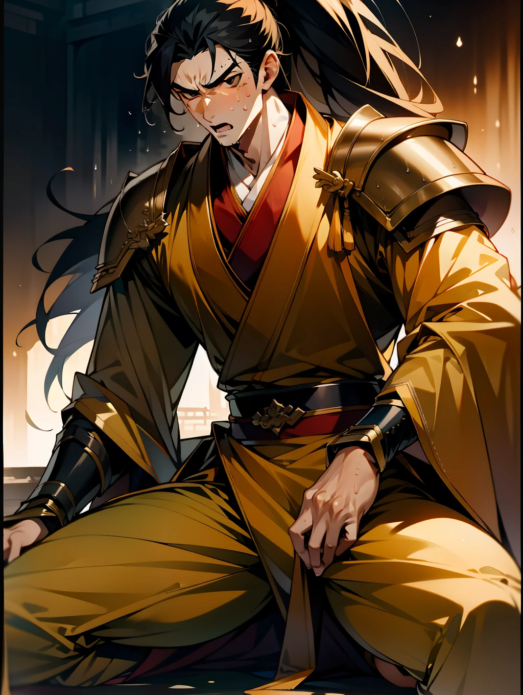 1 male, sweating, open mouth, drooling, wet, wet, sweaty pectorals, sweaty abs, sweaty crotch, golden costume Hanfu, dragon robe, handsome face, evil, highest picture quality, dark skin, high ponytail long hair, detail Hanfu, wearing arm guards, armor, leg guards (leg armor), leggings, ancient boots (ancient Chinese military boots), appearance looks like a general, squat, forked legs squat, half squat, holding a sword, crotch sweating, crotch shape, crotch sweating, long legs, leg contour, thigh close-up, calf close-up, Perfect legs